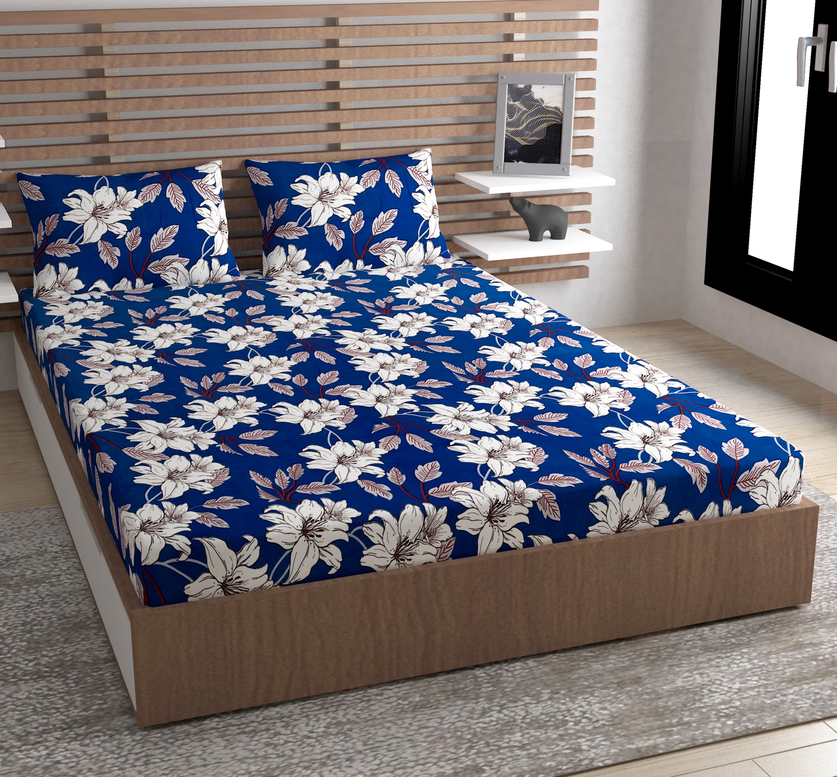 Europa - Creama Lilies in Royal Blue - 240 TC Printed Bedsheet