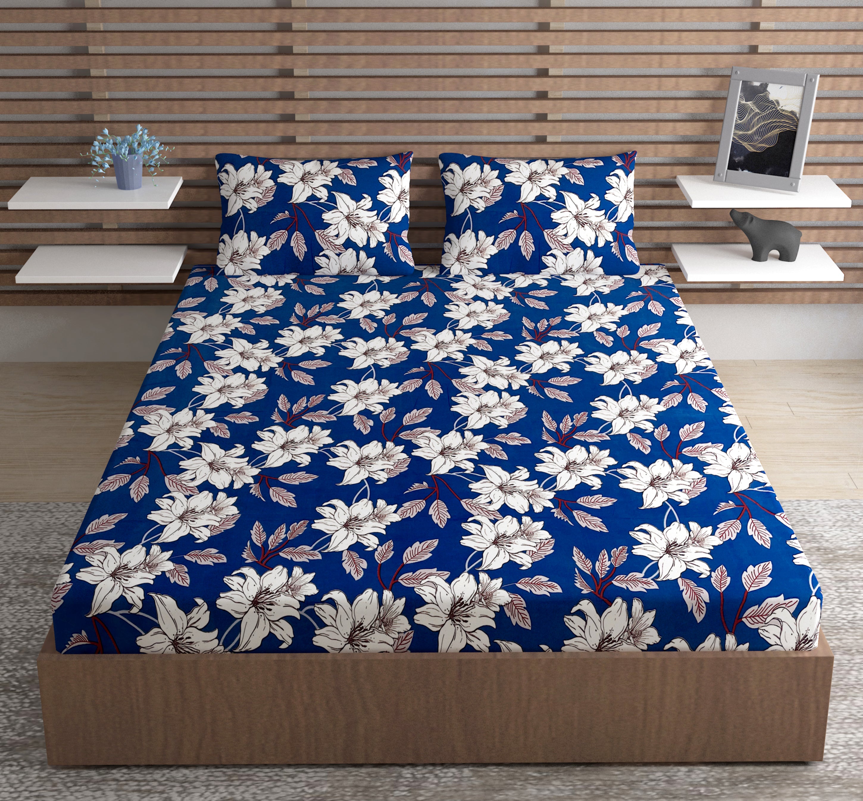 Europa - Creama Lilies in Royal Blue - 240 TC Printed Bedsheet