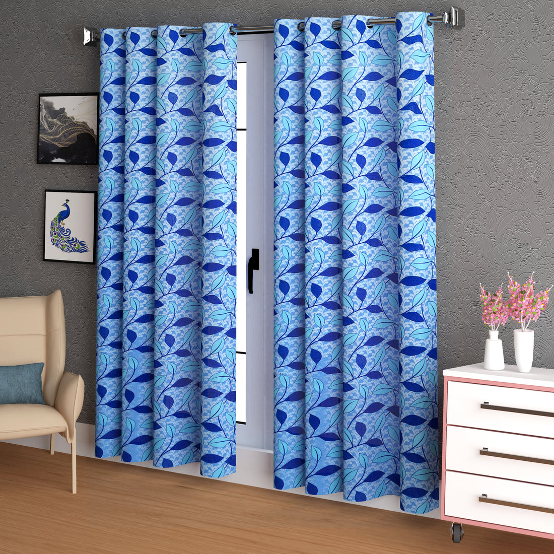 Lunar Days Full Moon Eyelet Curtain Ivy Print in Sky Blue