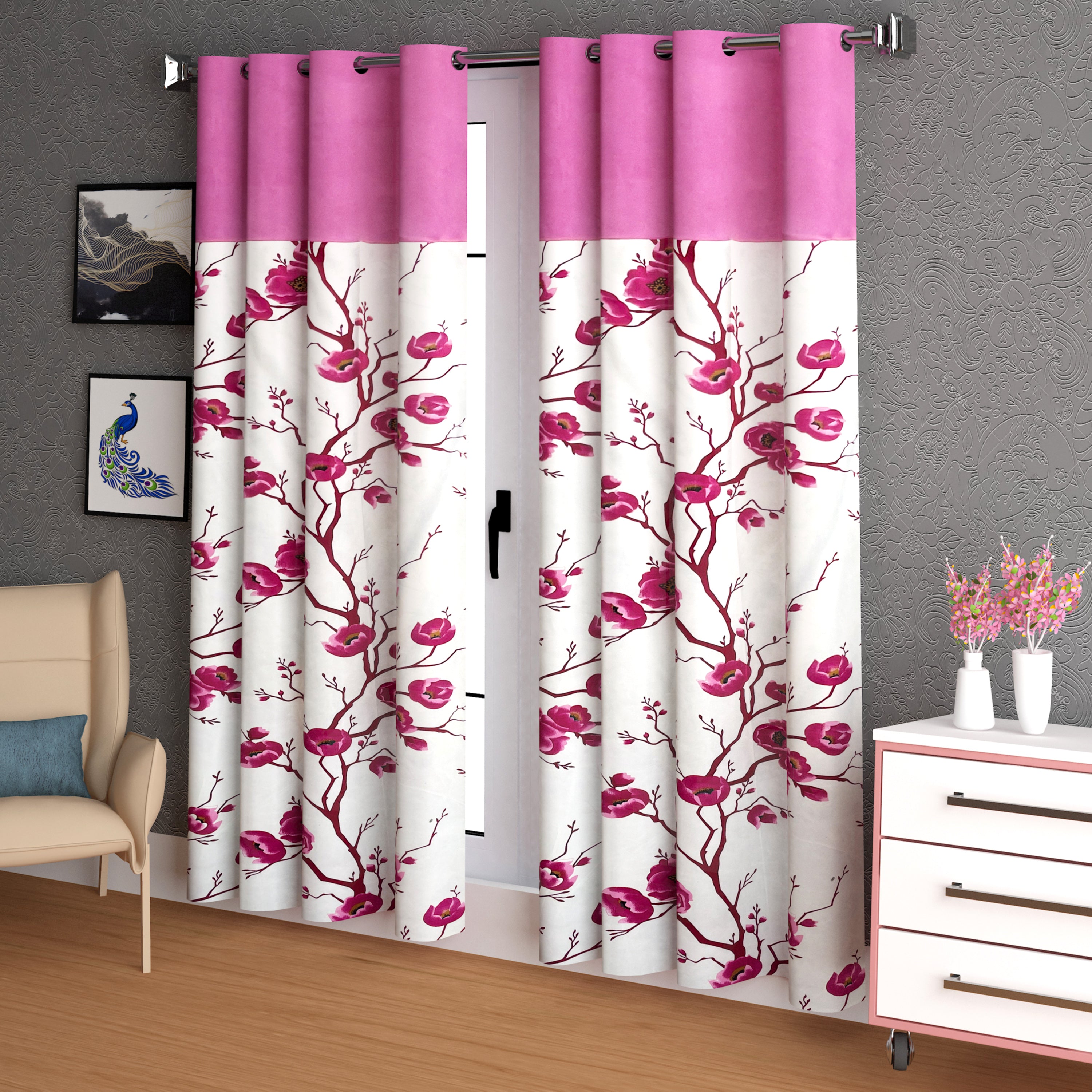 Lunar Days Floral Print Patch Eyelet Curtain- Pack of 2