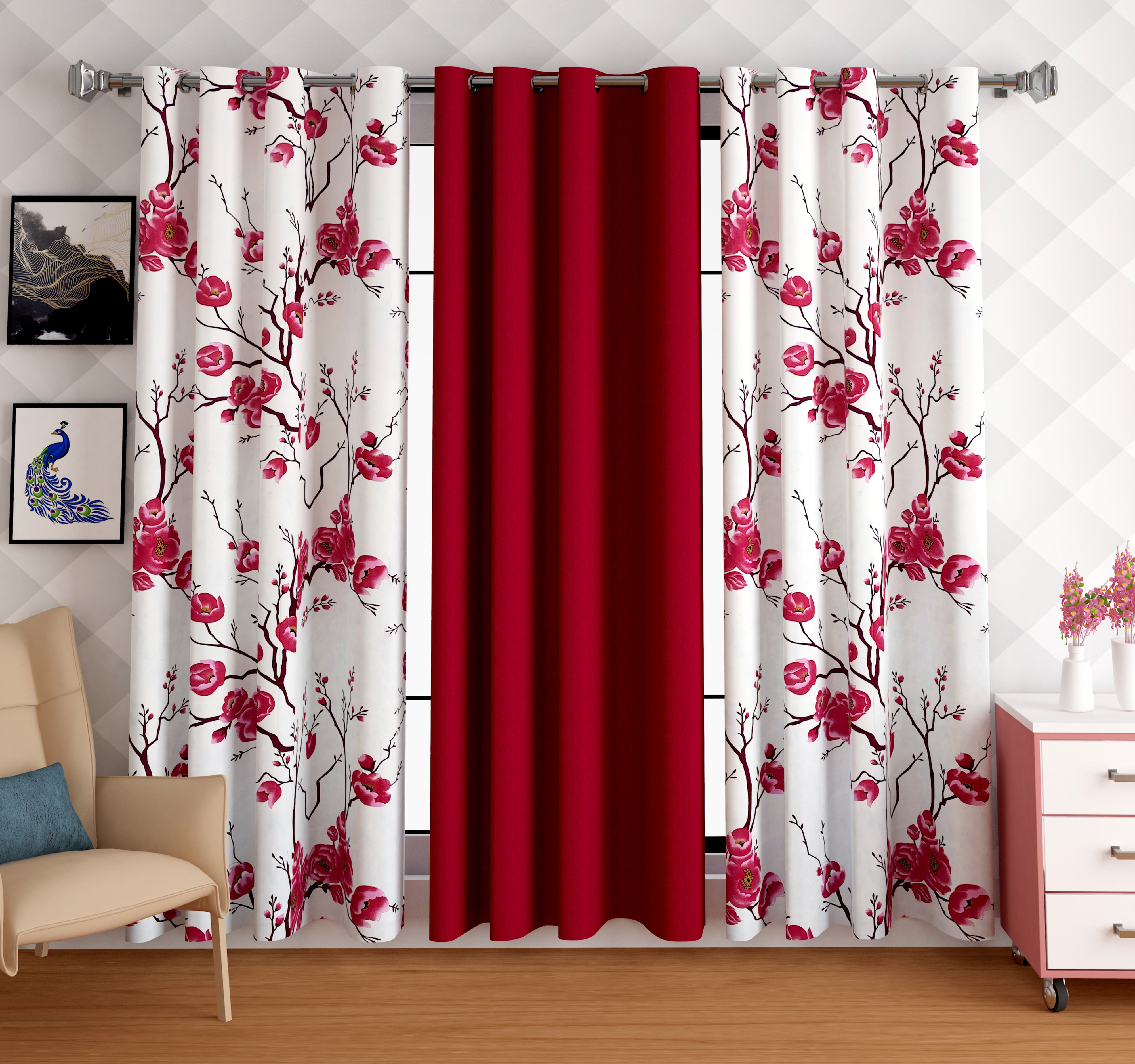 Lunar Days - Crescent Eyelet Curtain - Floral Ivy Combo Pack of 3 Piece