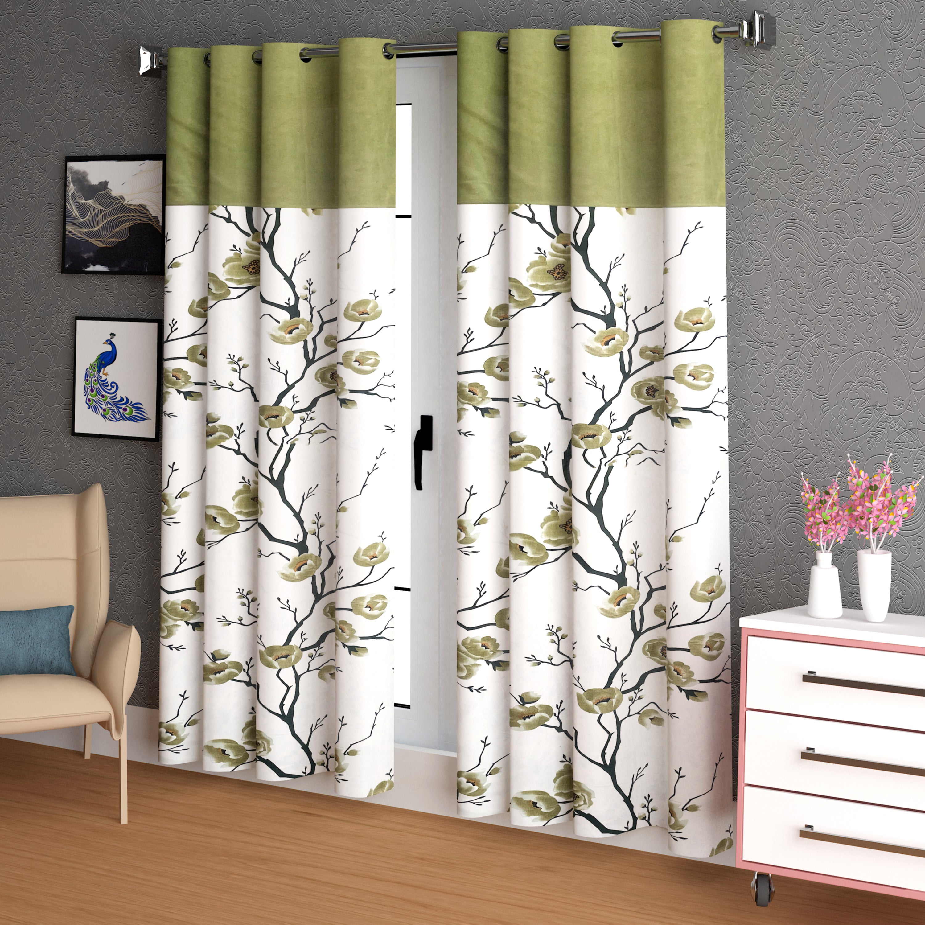 Lunar Days Floral Print Patch Eyelet Curtain- Pack of 2