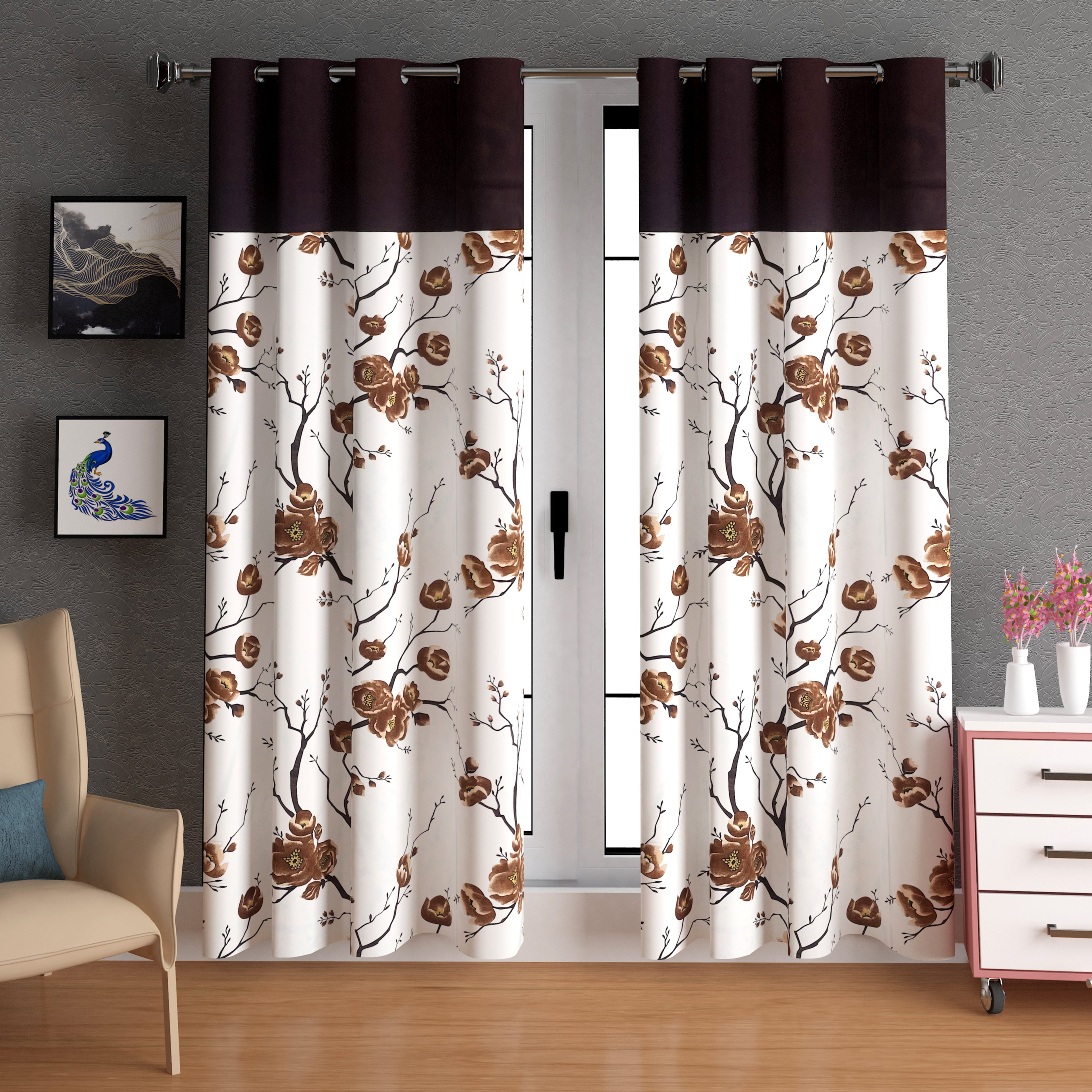 Lunar Days Floral Print Patch Eyelet Curtain- Pack of 2