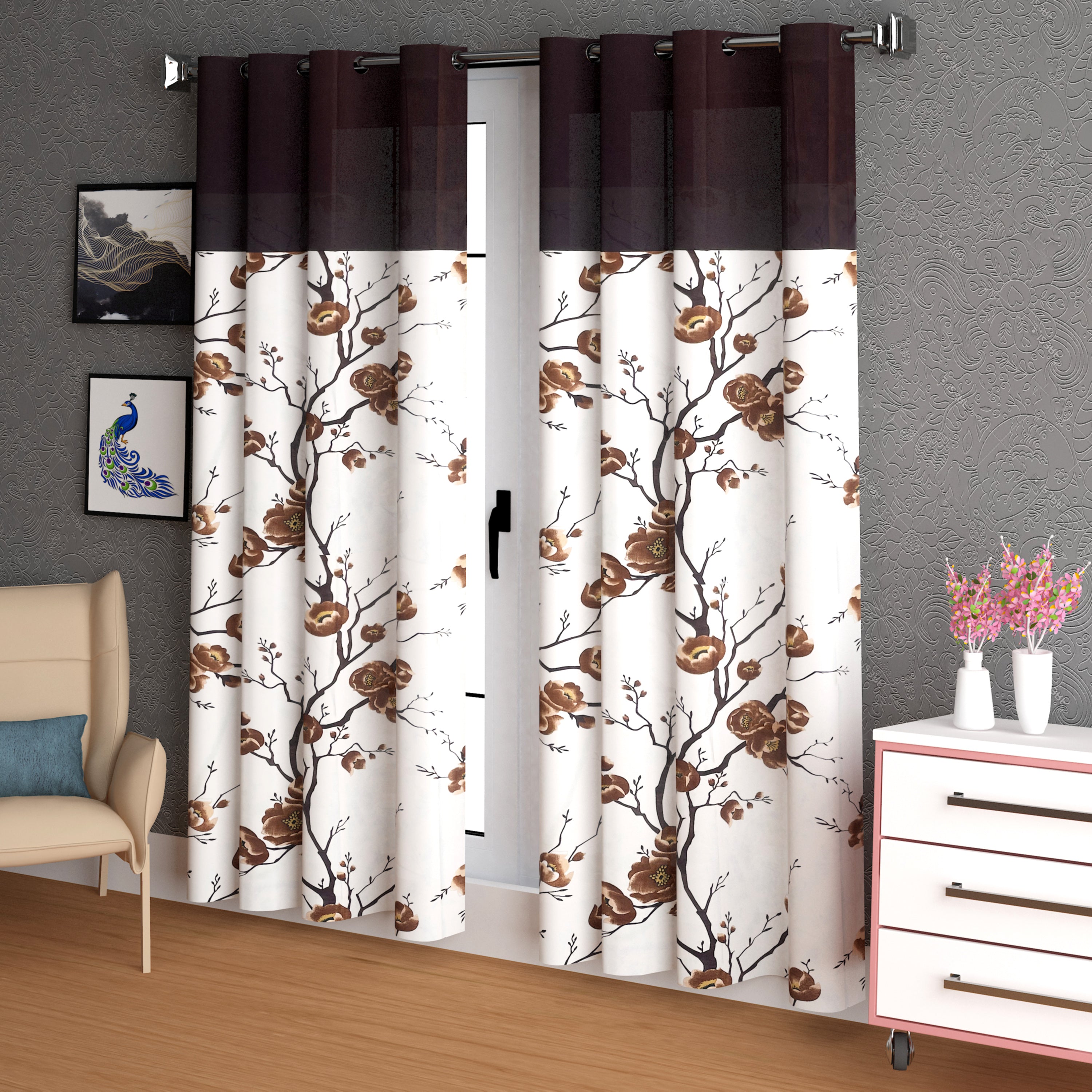 Lunar Days Floral Print Patch Eyelet Curtain- Pack of 2