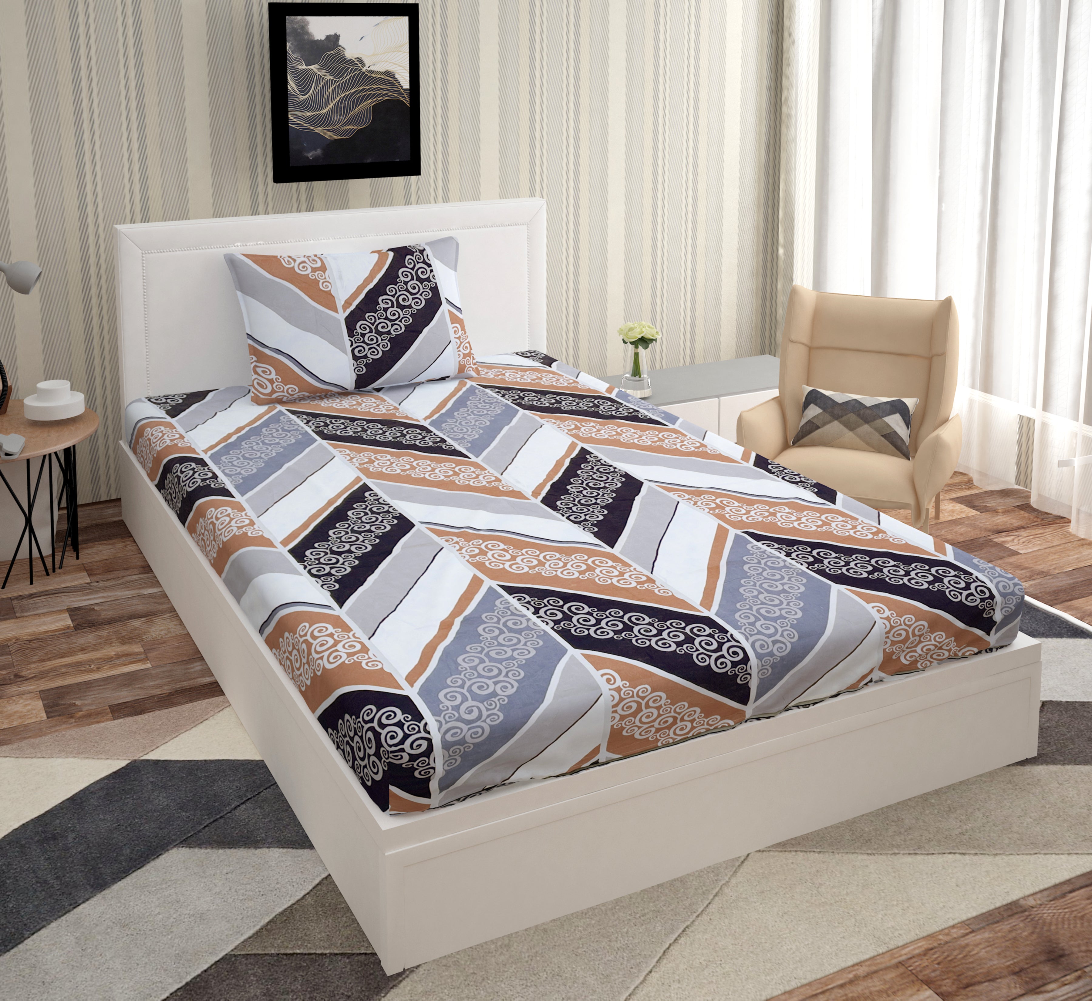 Europa - Multicolor Chevron and Motifs - 240 TC Printed Bedsheet