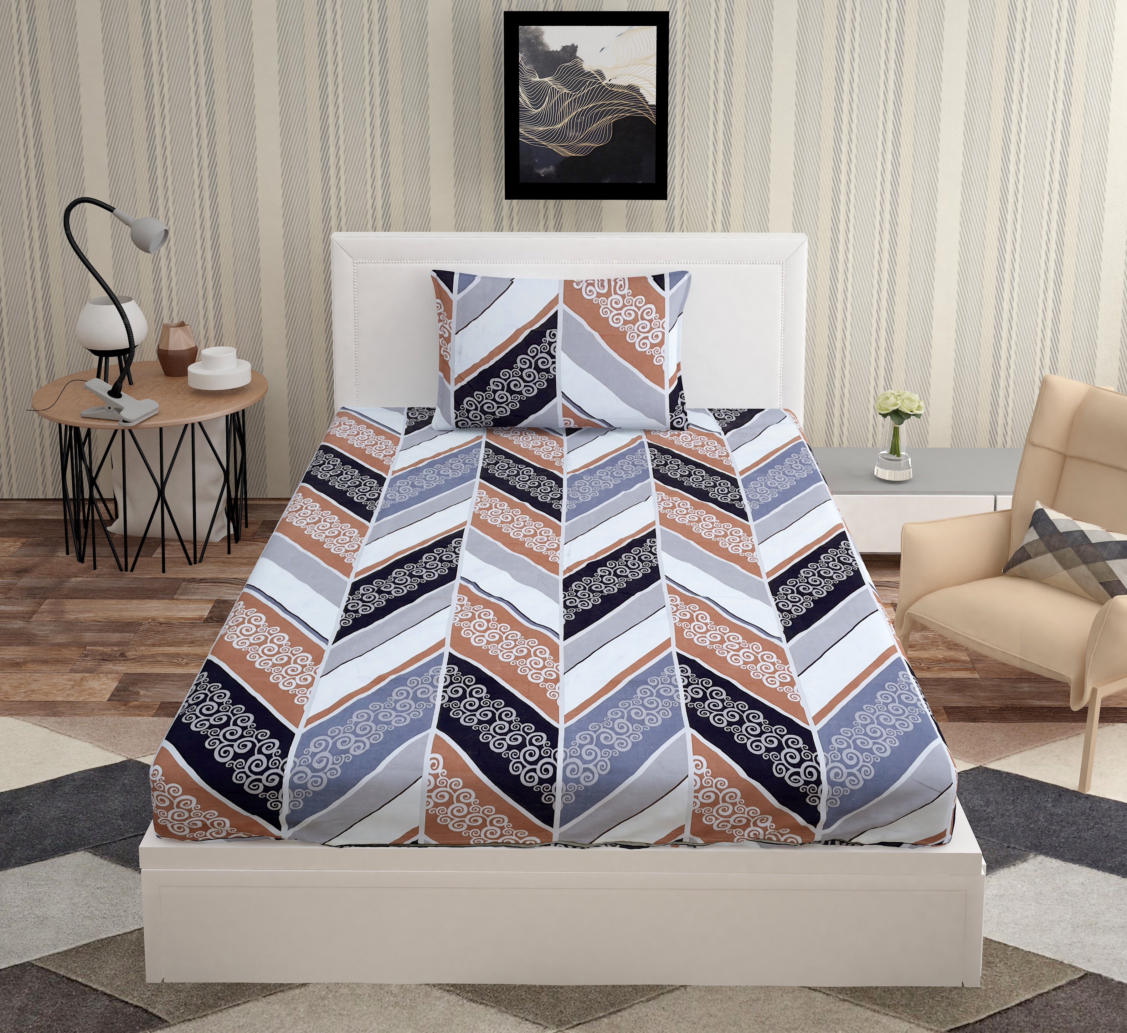 Europa - Multicolor Chevron and Motifs - 240 TC Printed Bedsheet