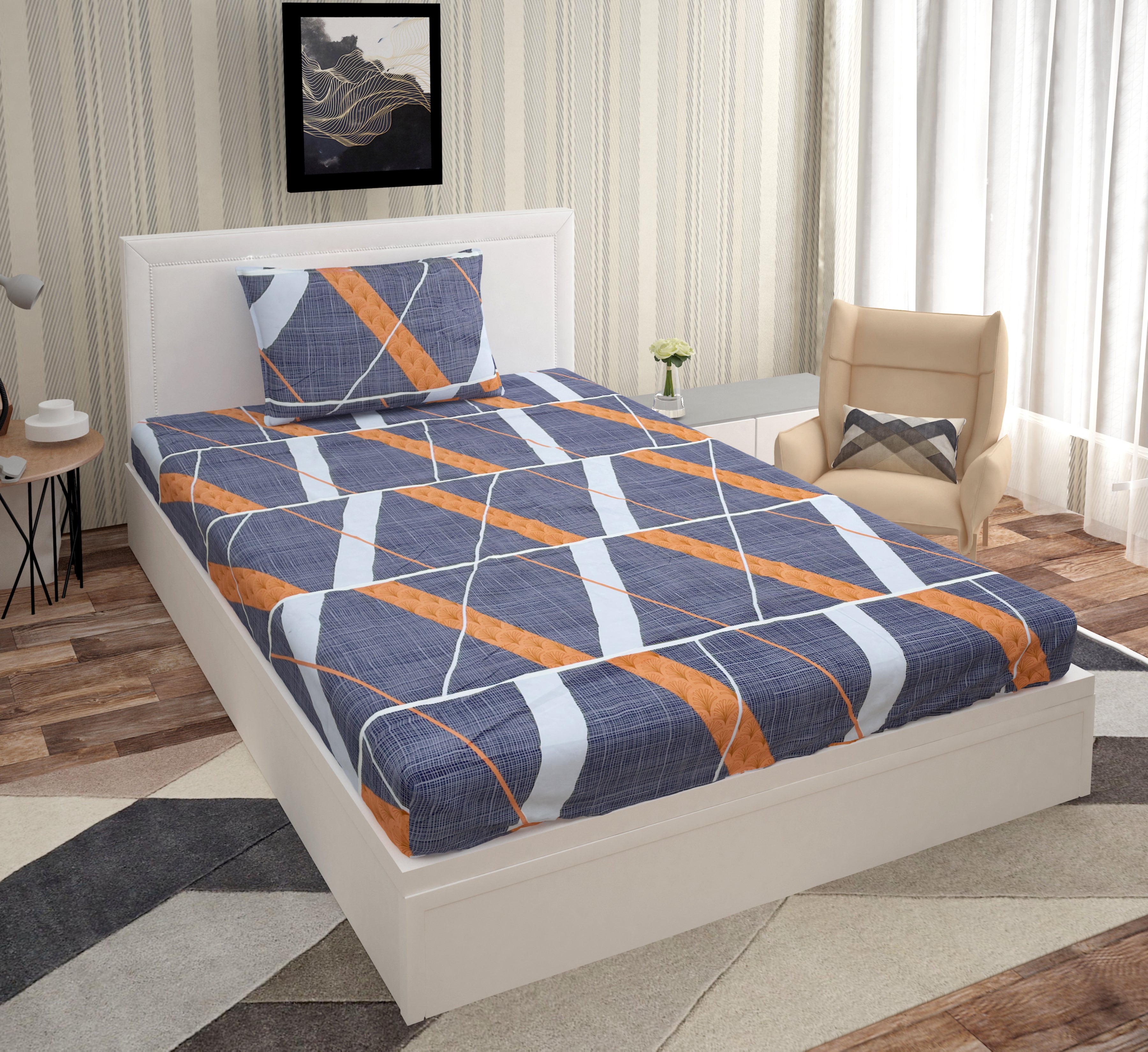 Europa - Orange Diagonals in Denim Blue - 240 TC Printed Bedsheet