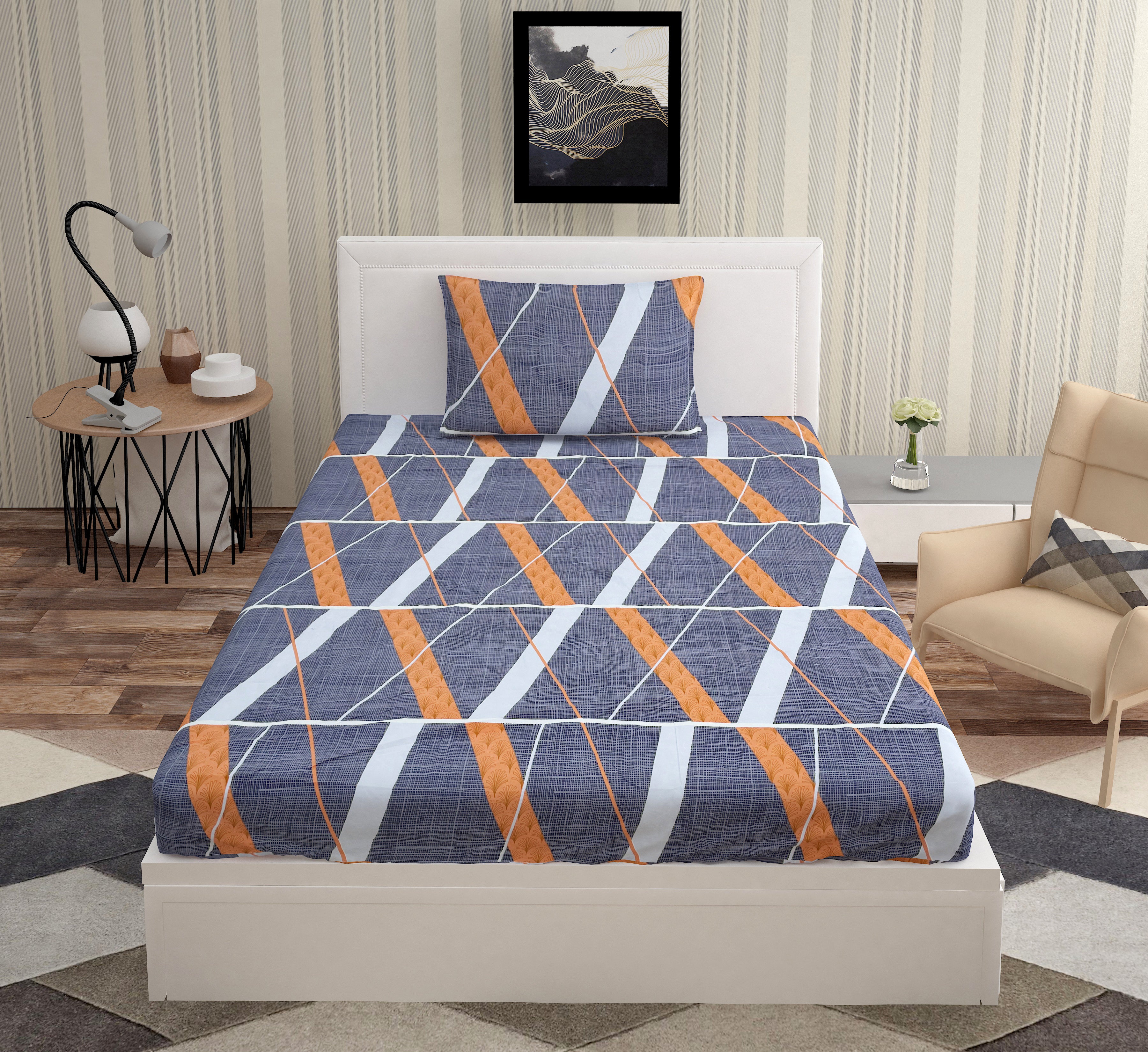 Europa - Orange Diagonals in Denim Blue - 240 TC Printed Bedsheet
