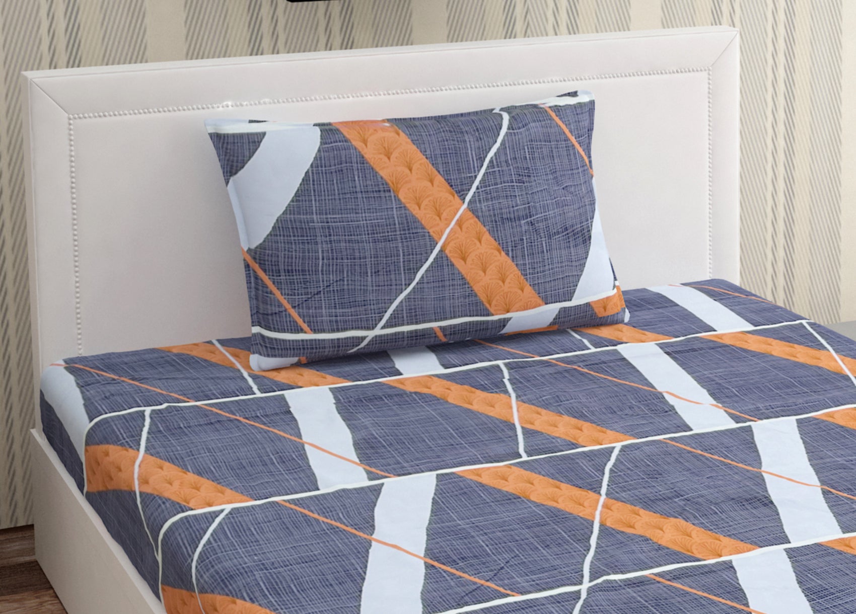 Europa - Orange Diagonals in Denim Blue - 240 TC Printed Bedsheet