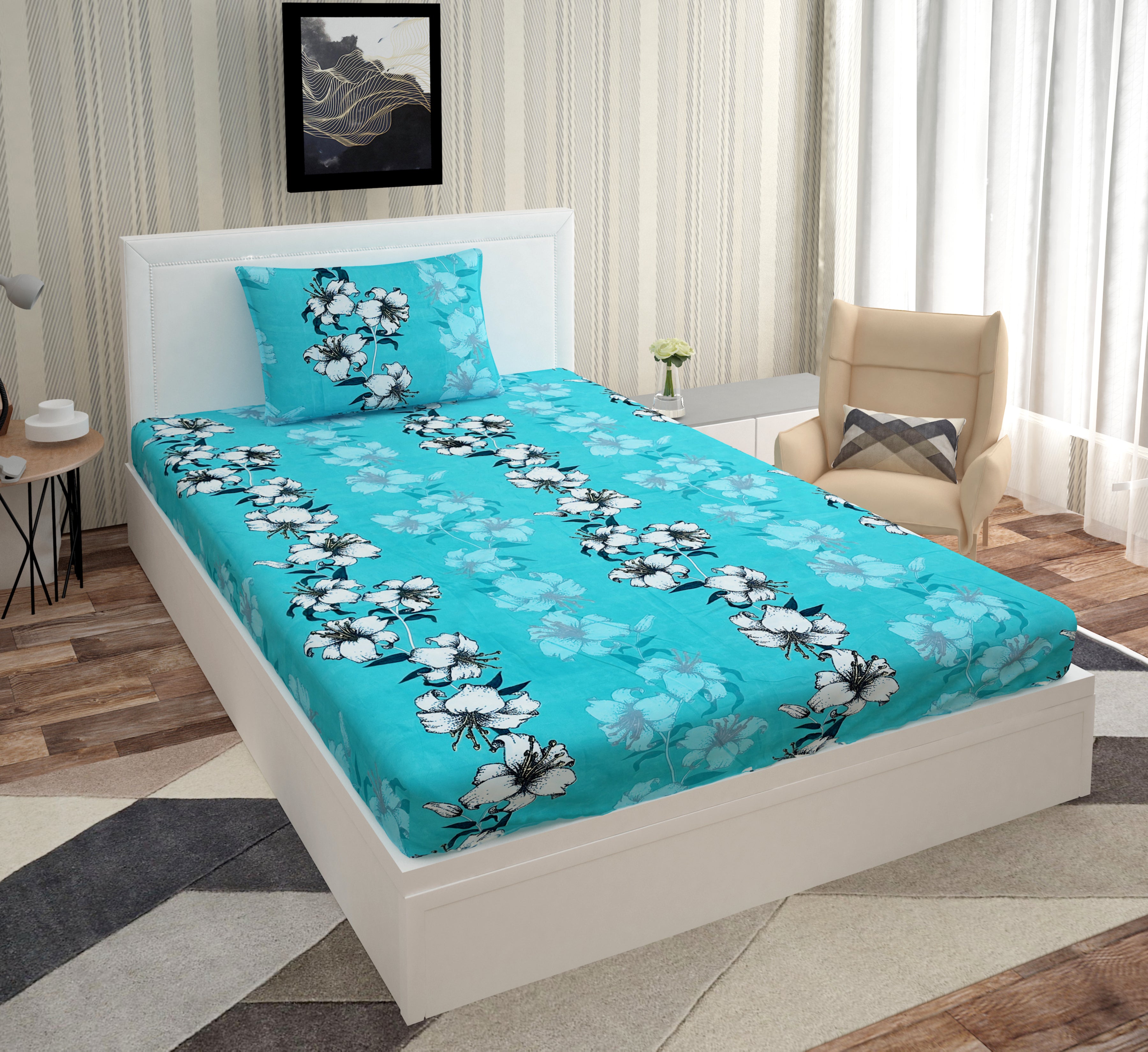 Europa - Floral Ivy in Sky Blue - 240 TC Printed Single Bedsheet