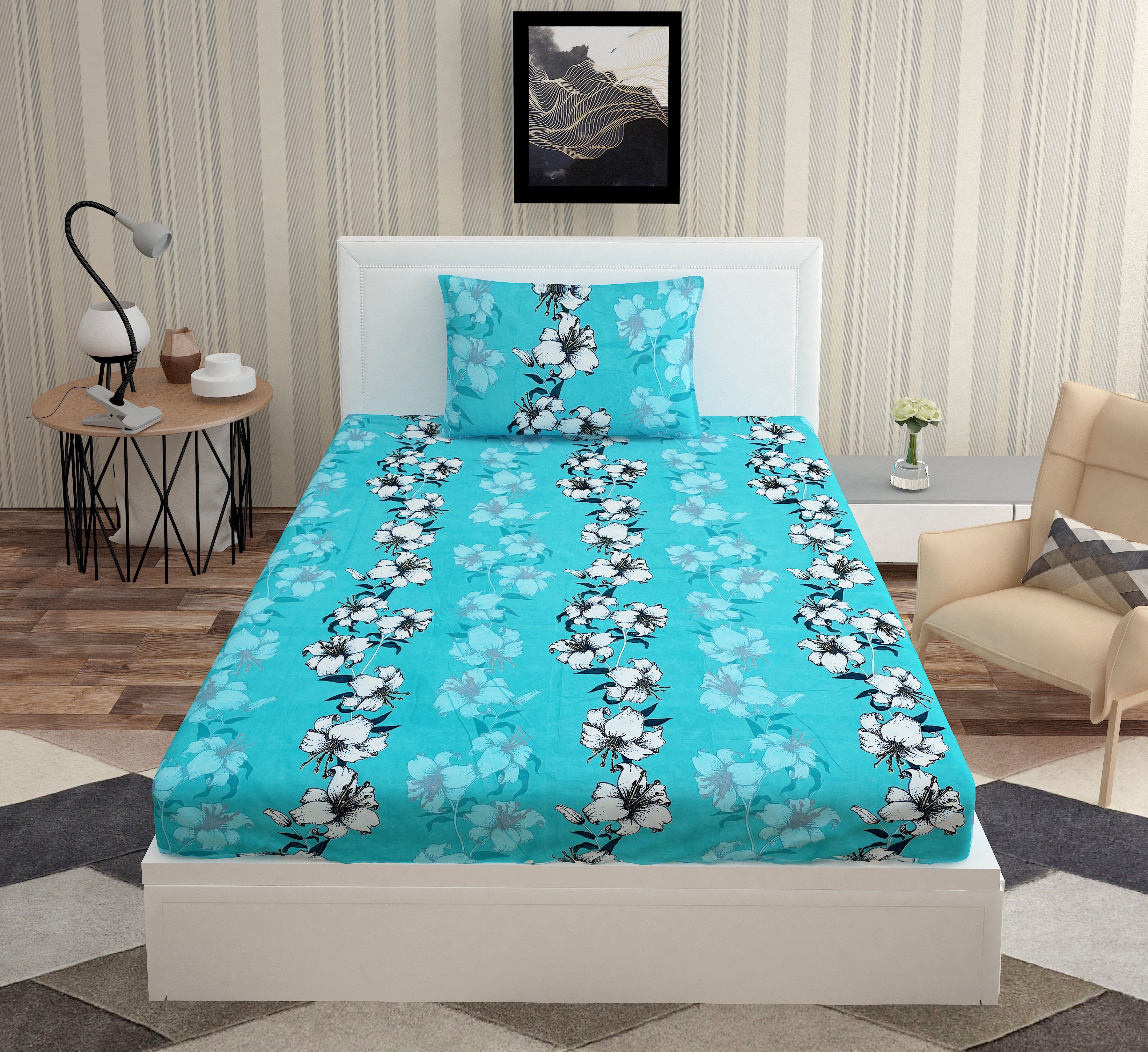 Europa - Floral Ivy in Sky Blue - 240 TC Printed Single Bedsheet