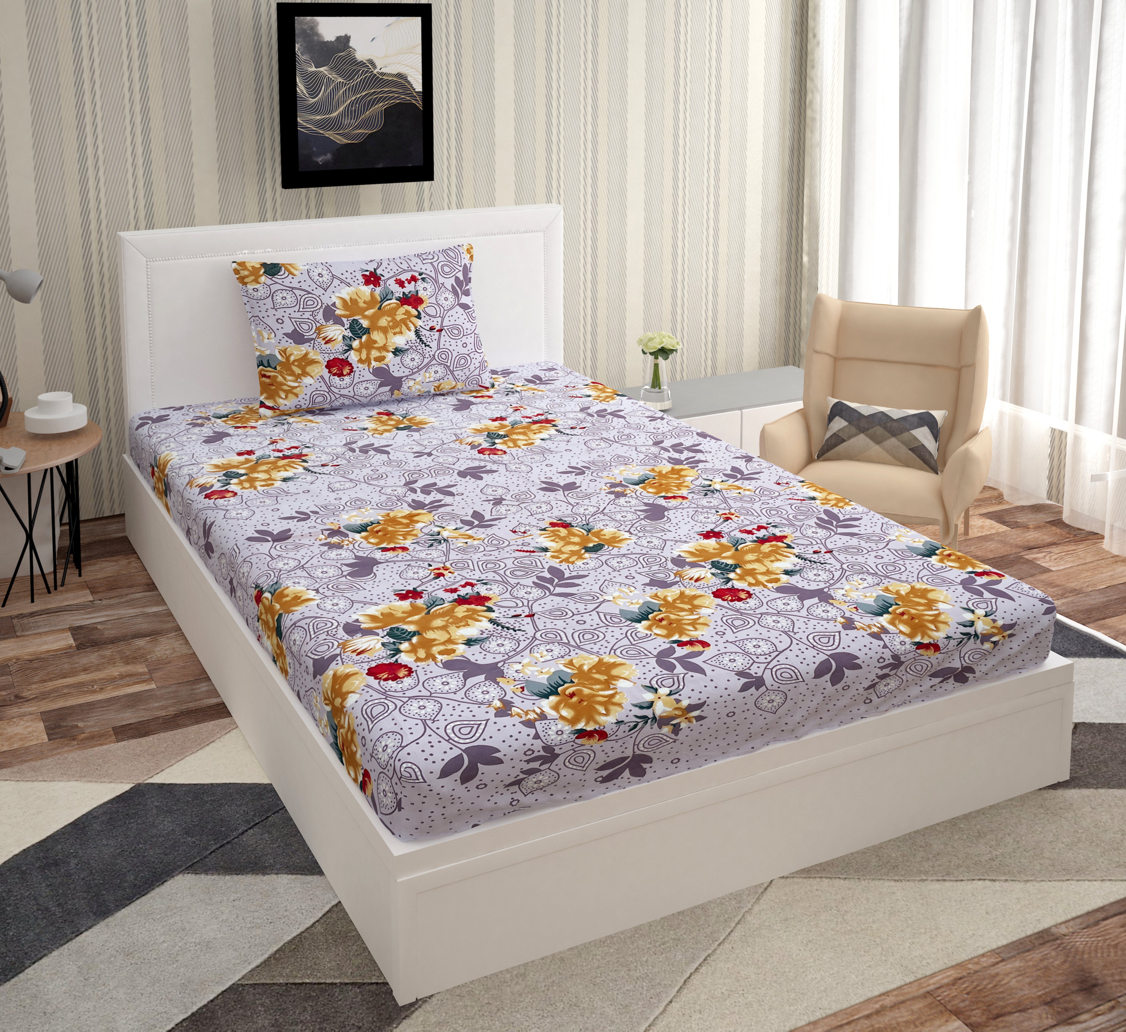 Europa - Inking and Flora in Dull pink - 240 TC Printed Queen Bedsheet