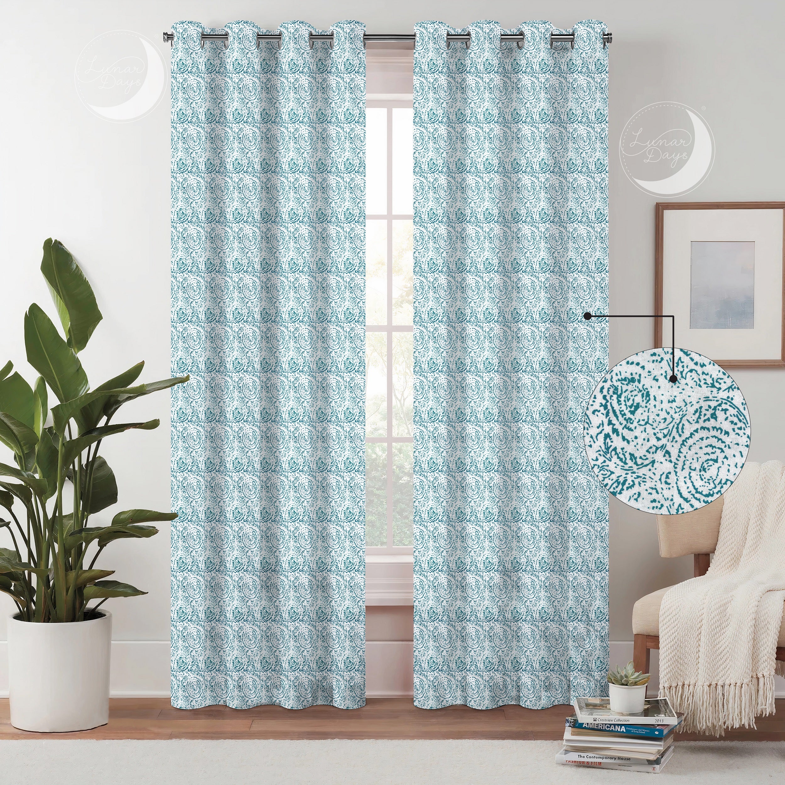 Lunar Days Premium Quality 100% Cotton Room Darkening Curtain for Living Room, Bedroom, Office -  - Set of 3