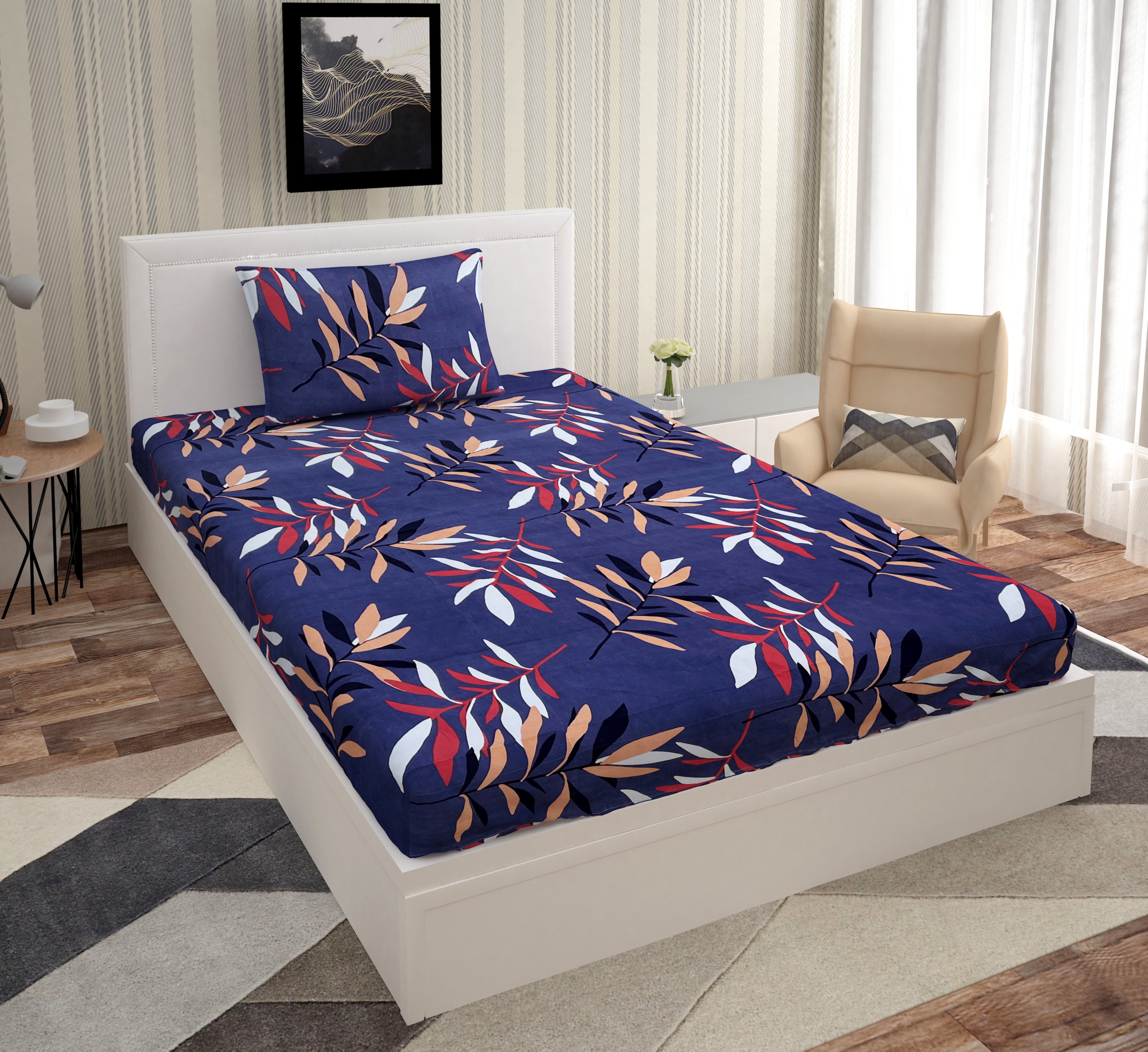 Europa - Multicolor Leaves in Deep Blue - 240 TC Printed Bedsheet