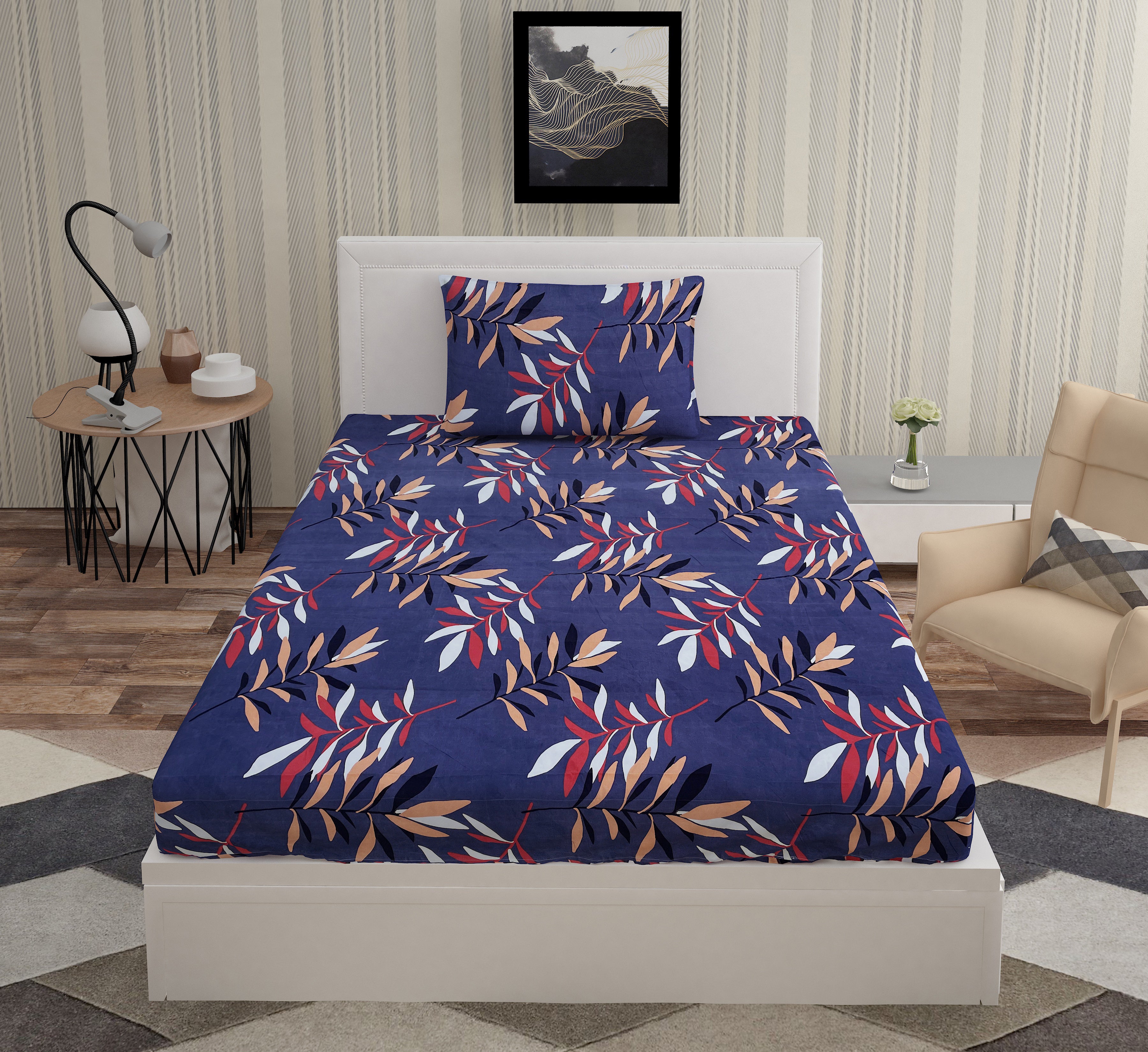 Europa - Multicolor Leaves in Deep Blue - 240 TC Printed Bedsheet