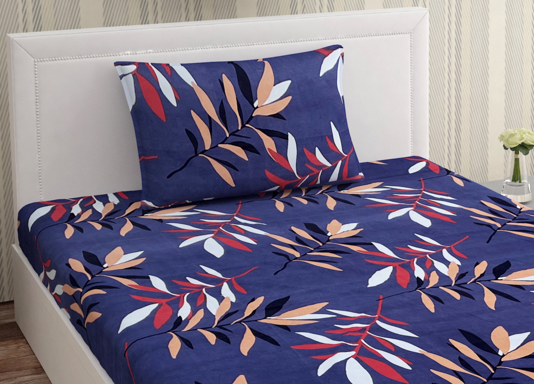 Europa - Multicolor Leaves in Deep Blue - 240 TC Printed Bedsheet