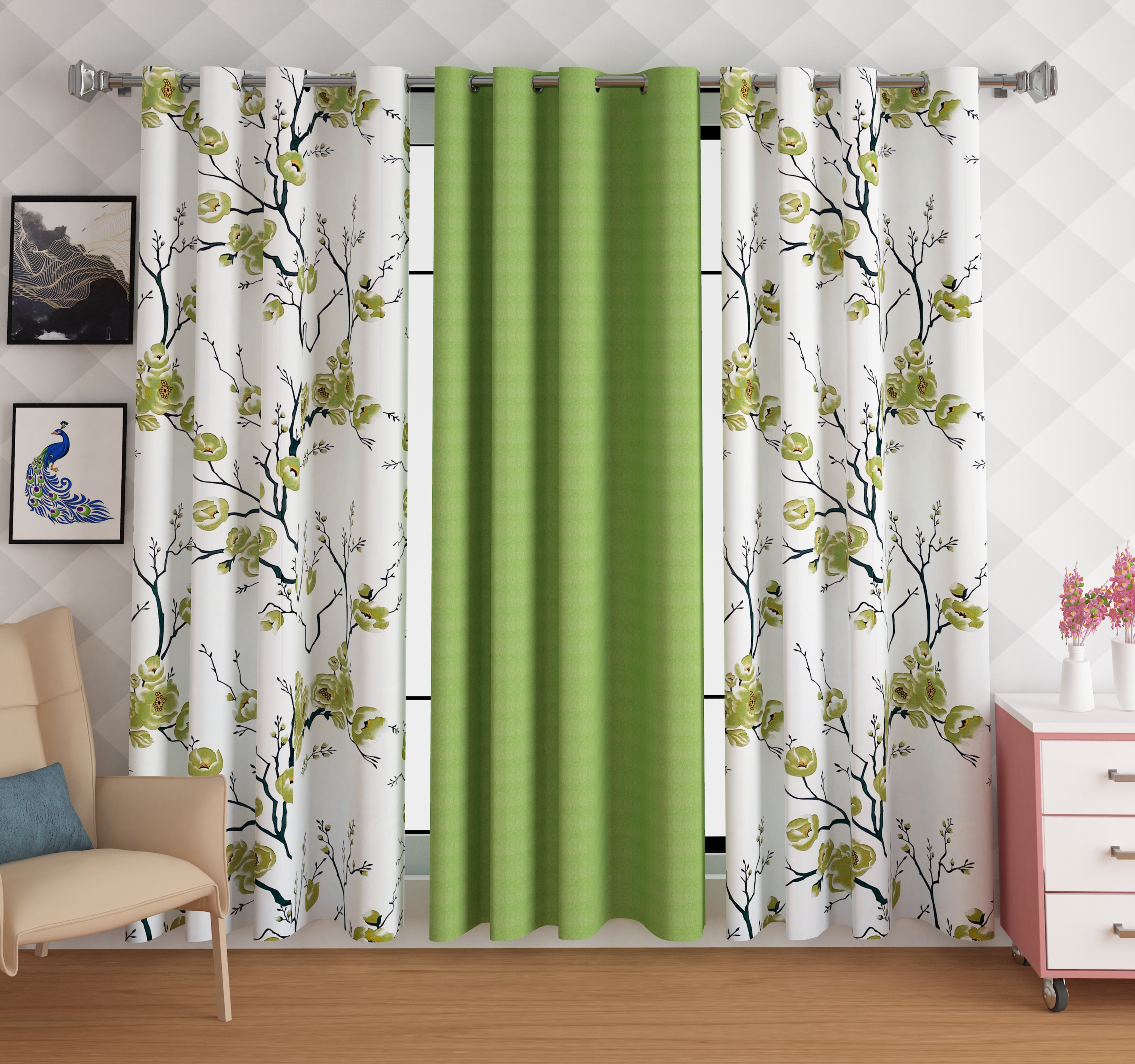 Lunar Days - Crescent Eyelet Curtain - Floral Ivy Combo Pack of 3 Piece