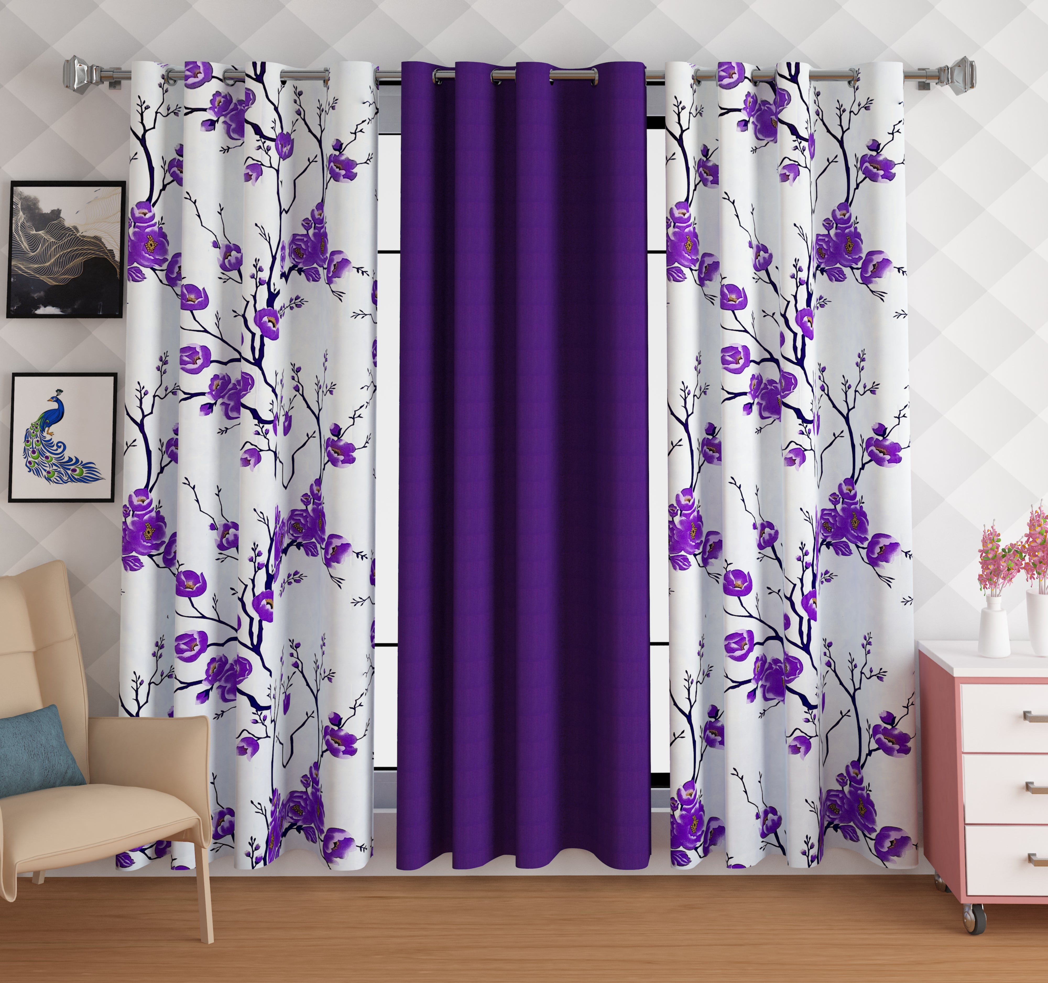 Lunar Days - Crescent Eyelet Curtain - Floral Ivy Combo Pack of 3 Piece