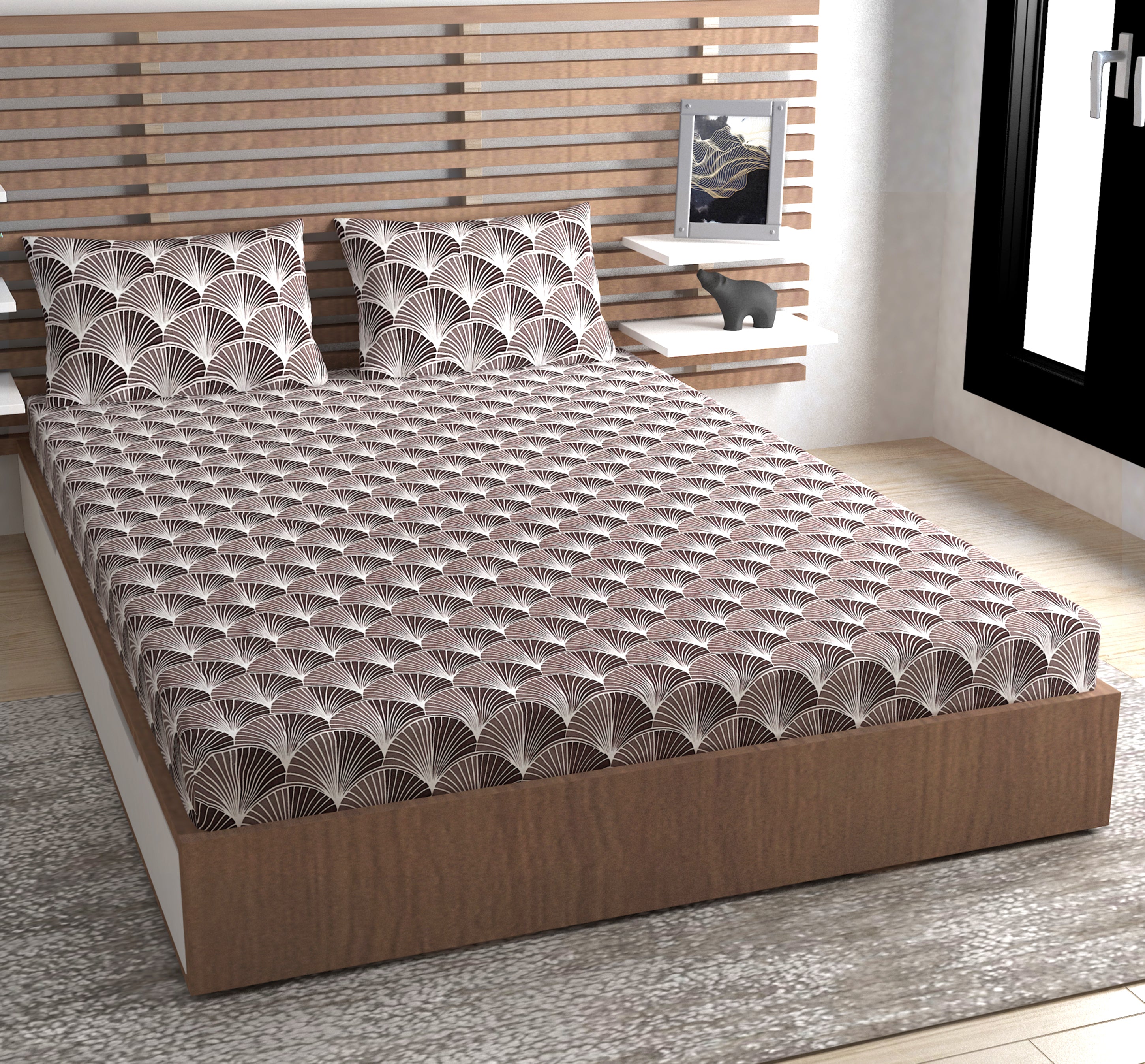 Europa - Oriental Fan in Beige Brown - 240 TC Printed Bedsheet