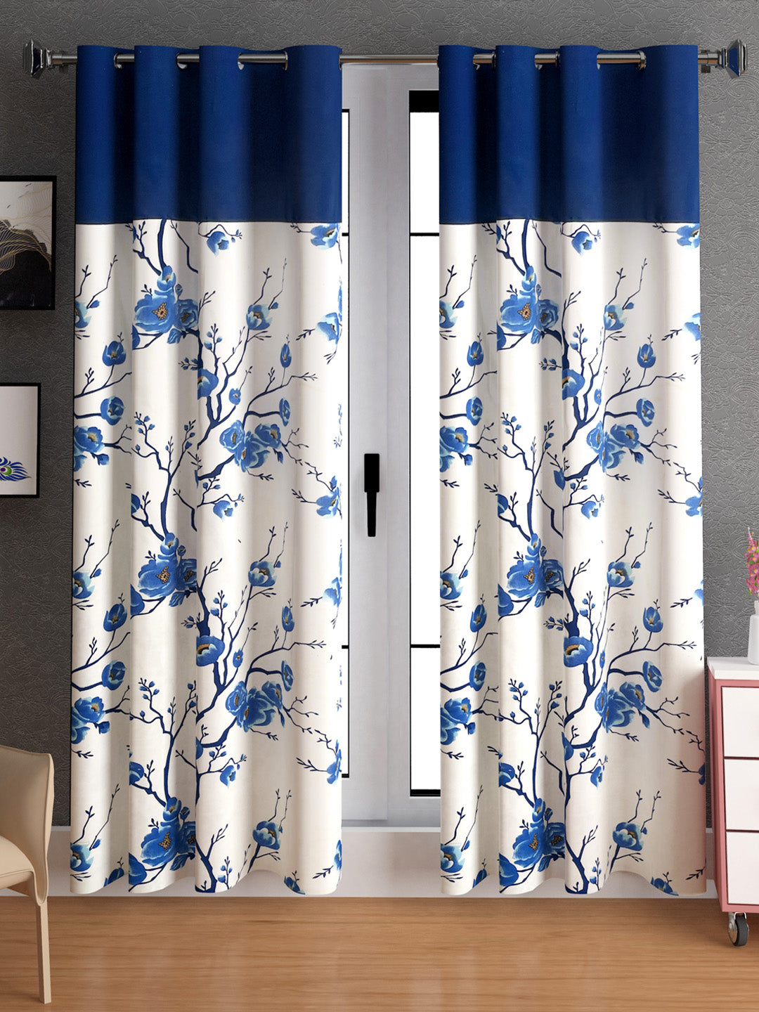 Lunar Days Floral Print Patch Eyelet Curtain- Pack of 2