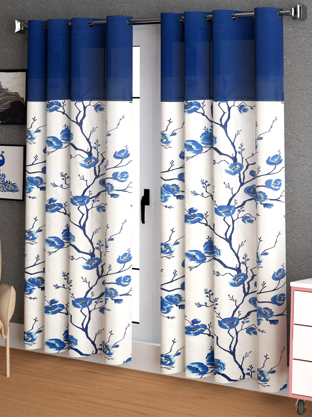 Lunar Days Floral Print Patch Eyelet Curtain- Pack of 2