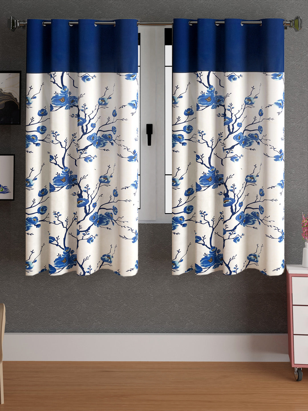 Lunar Days Floral Print Patch Eyelet Curtain- Pack of 2