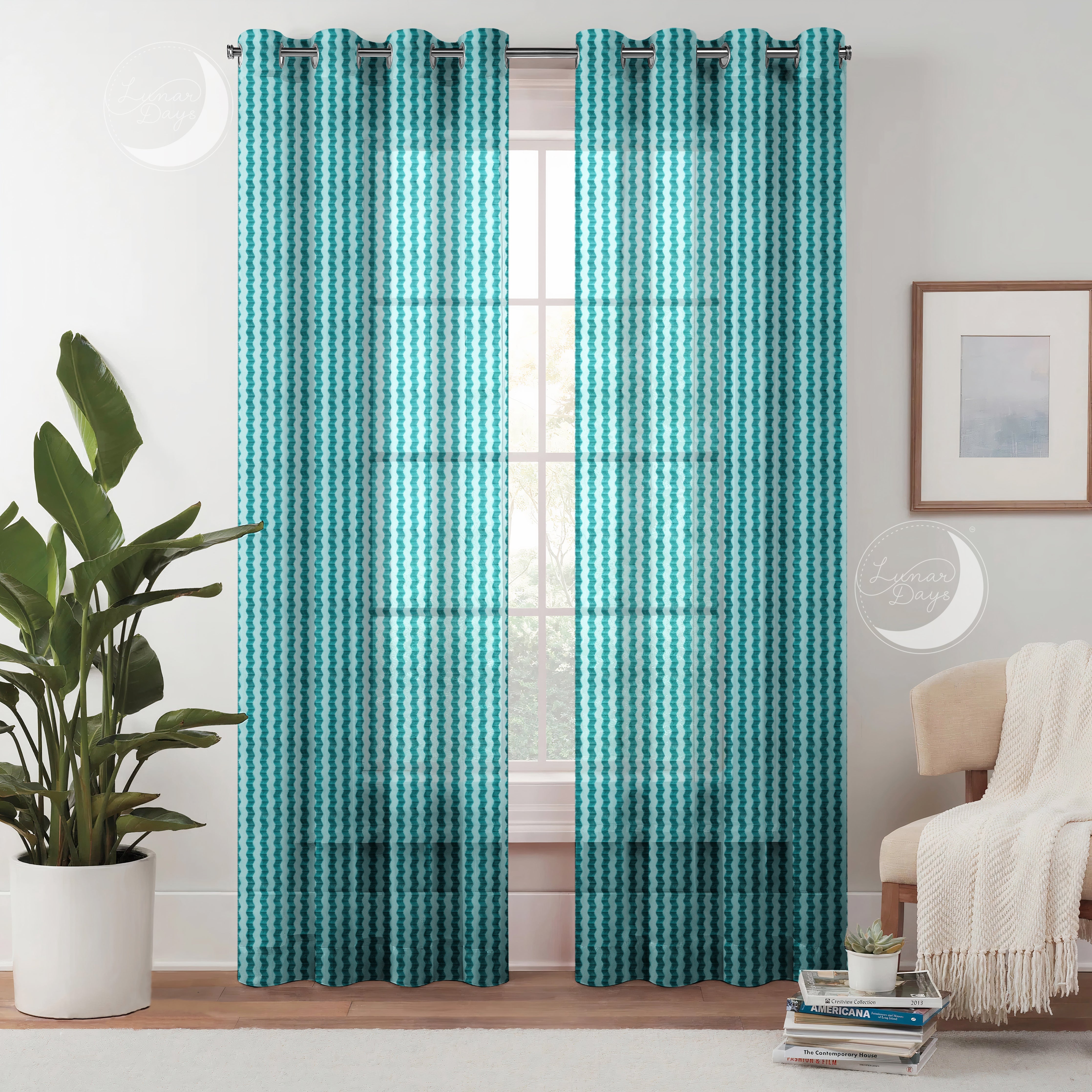 Lunar Days Semi Transparent Net Sheer Polyester Stripes Curtains