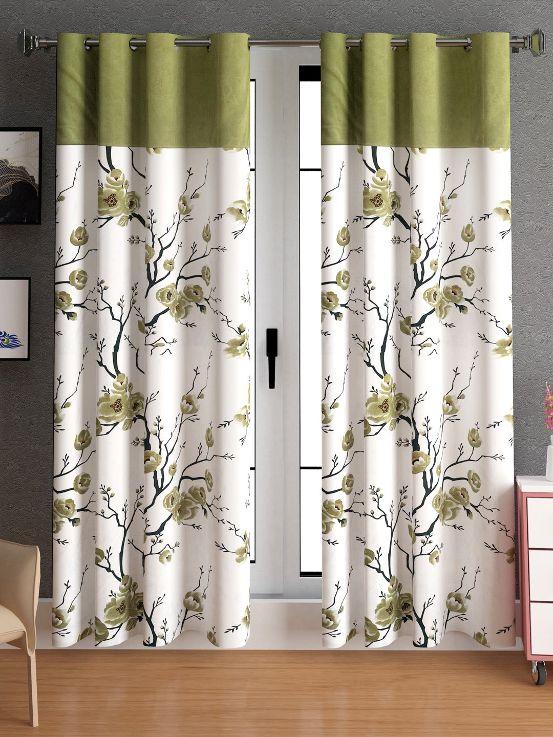 Lunar Days Floral Print Patch Eyelet Curtain- Pack of 2
