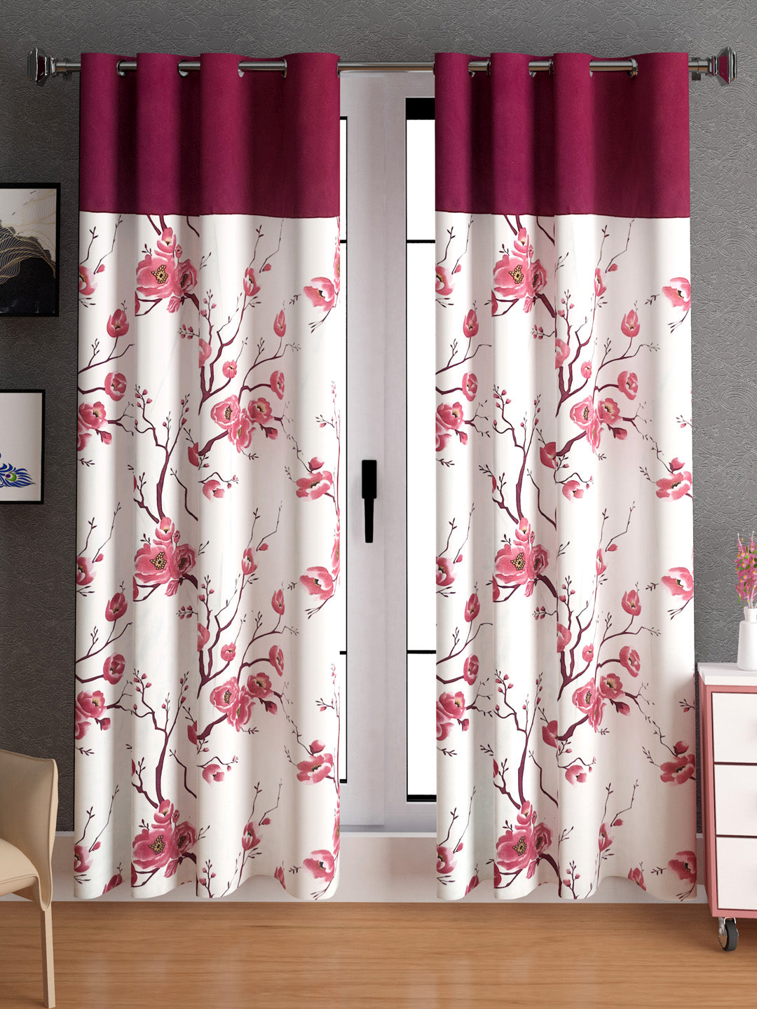 Lunar Days Floral Print Patch Eyelet Curtain- Pack of 2