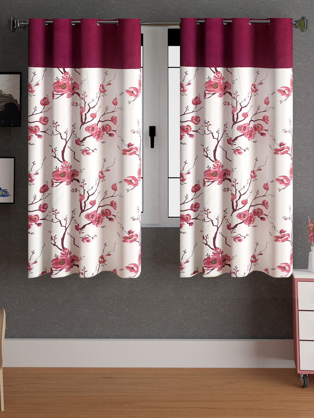 Lunar Days Floral Print Patch Eyelet Curtain- Pack of 2