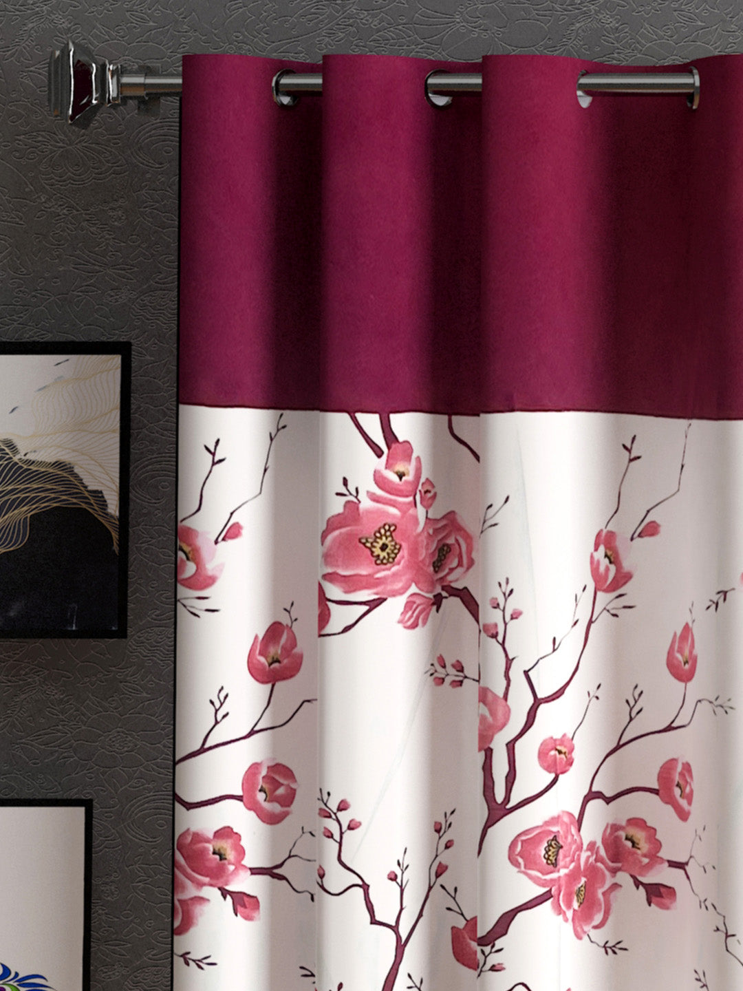 Lunar Days Floral Print Patch Eyelet Curtain- Pack of 2