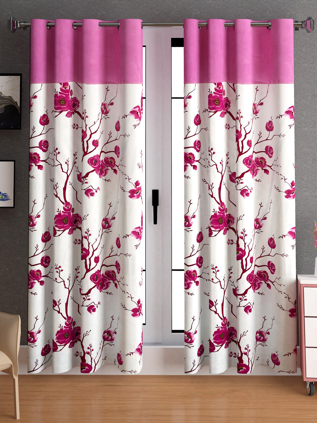 Lunar Days Floral Print Patch Eyelet Curtain- Pack of 2