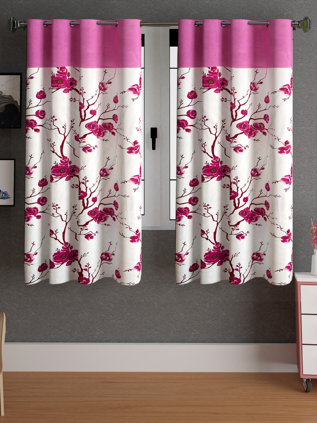 Lunar Days Floral Print Patch Eyelet Curtain- Pack of 2