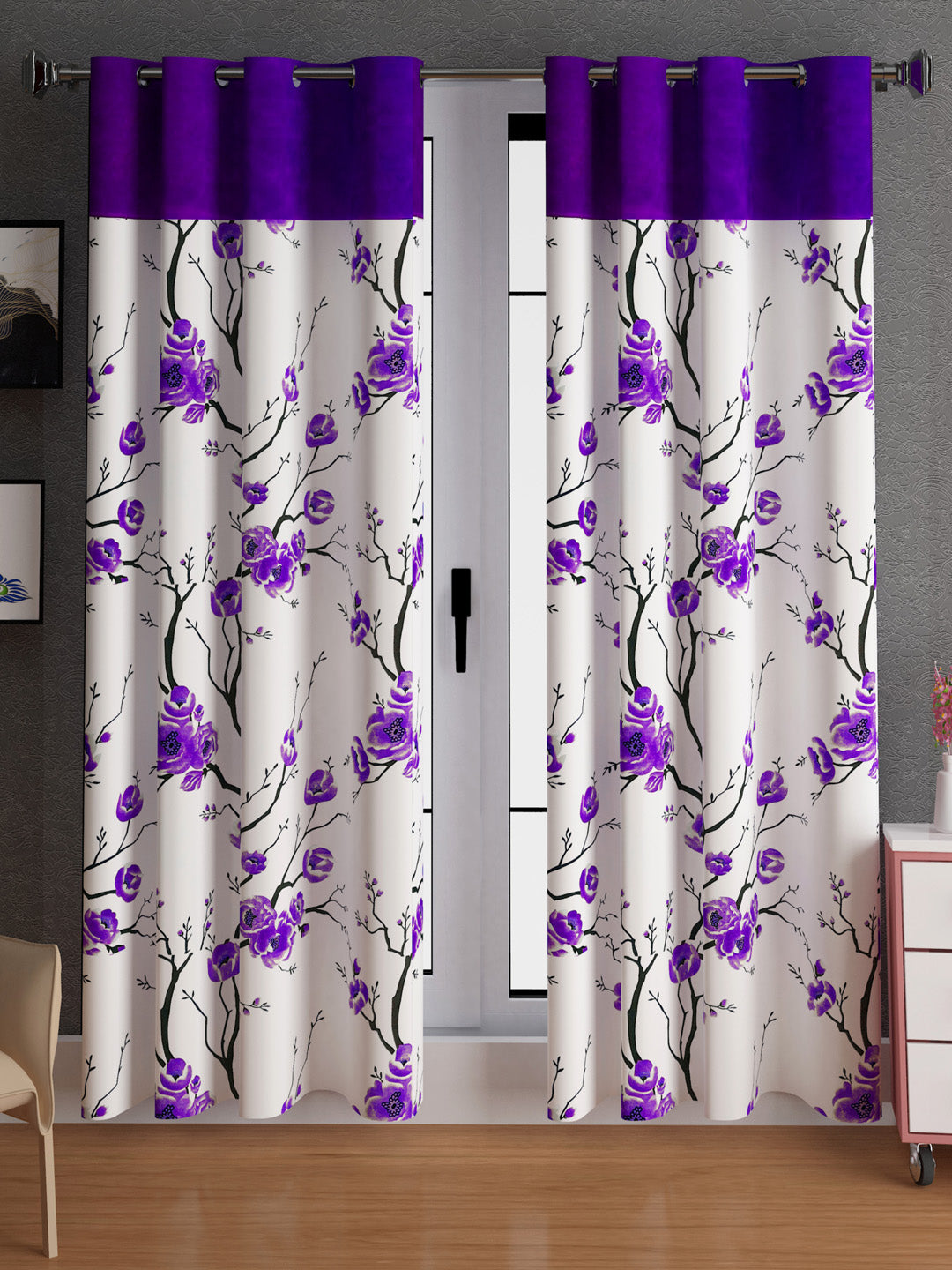 Lunar Days Floral Print Patch Eyelet Curtain- Pack of 2