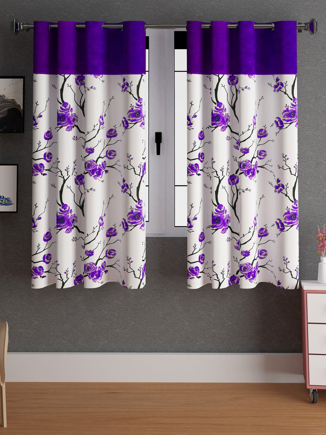 Lunar Days Floral Print Patch Eyelet Curtain- Pack of 2