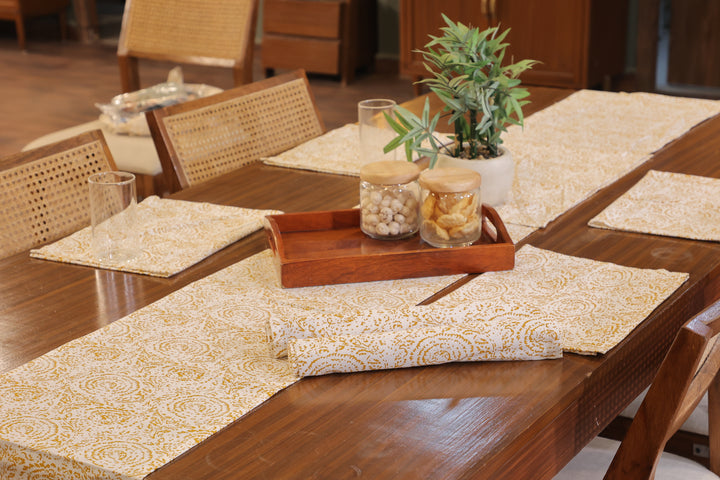 Lunar Days 100% Cotton Rectangular Dining Table mat with Runner (Runner size: 13*72 Inch & Mats Size: 13*20 Inch) YELLOW