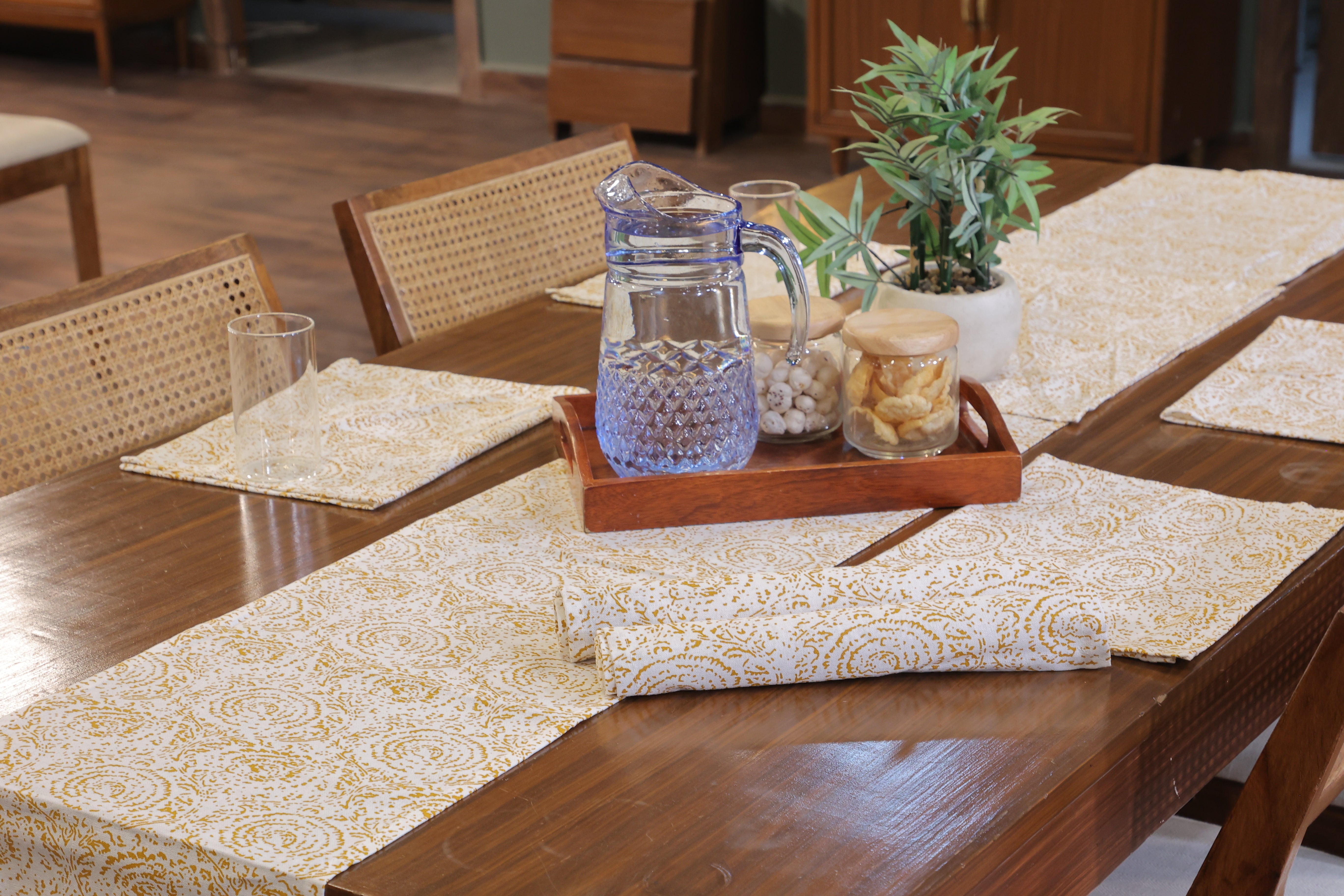 Lunar Days 100% Cotton Rectangular Dining Table mat with Runner (Runner size: 13*72 Inch & Mats Size: 13*20 Inch) YELLOW