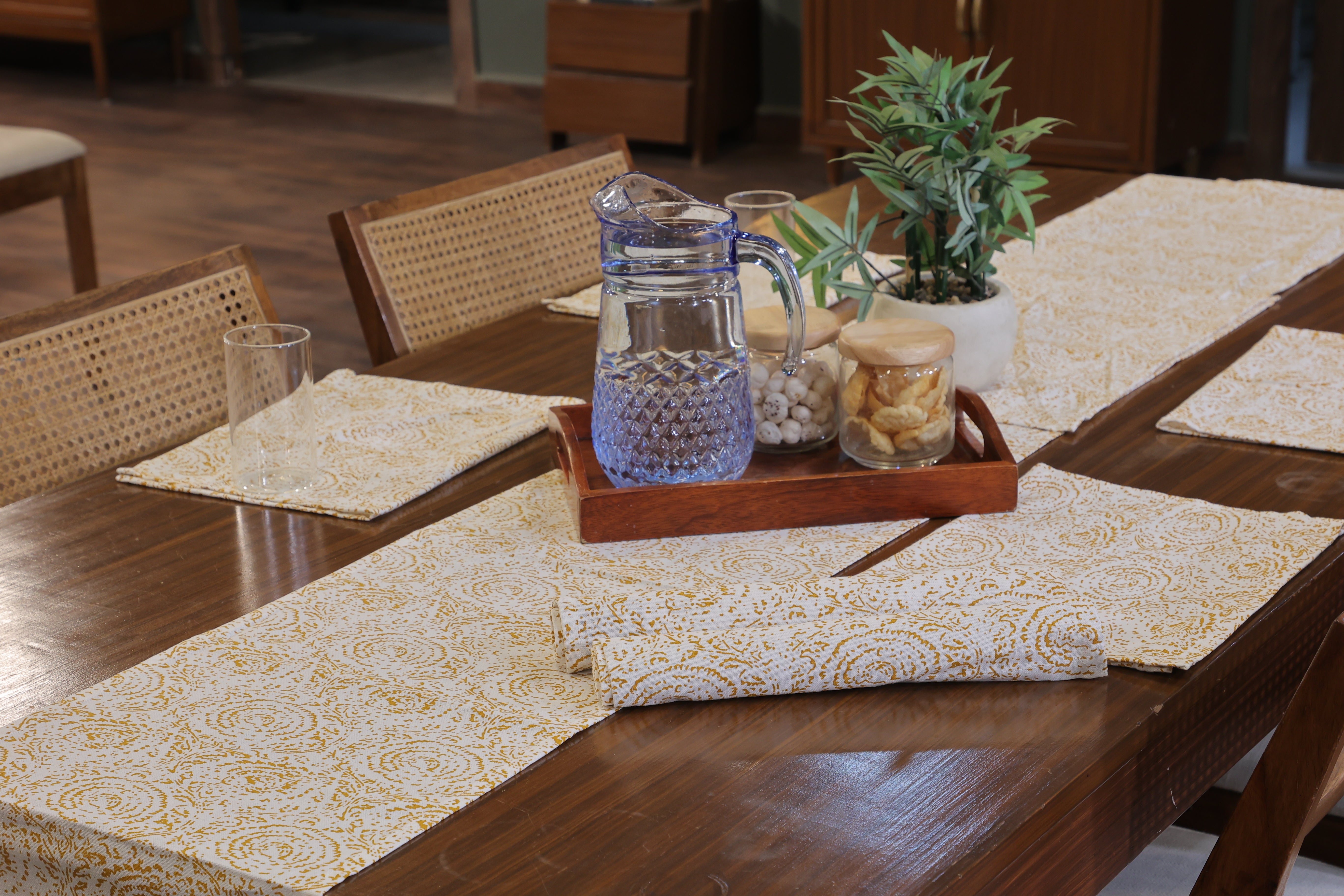 Lunar Days 100% Cotton Rectangular Dining Table mat with Runner (Runner size: 13*72 Inch & Mats Size: 13*20 Inch) YELLOW