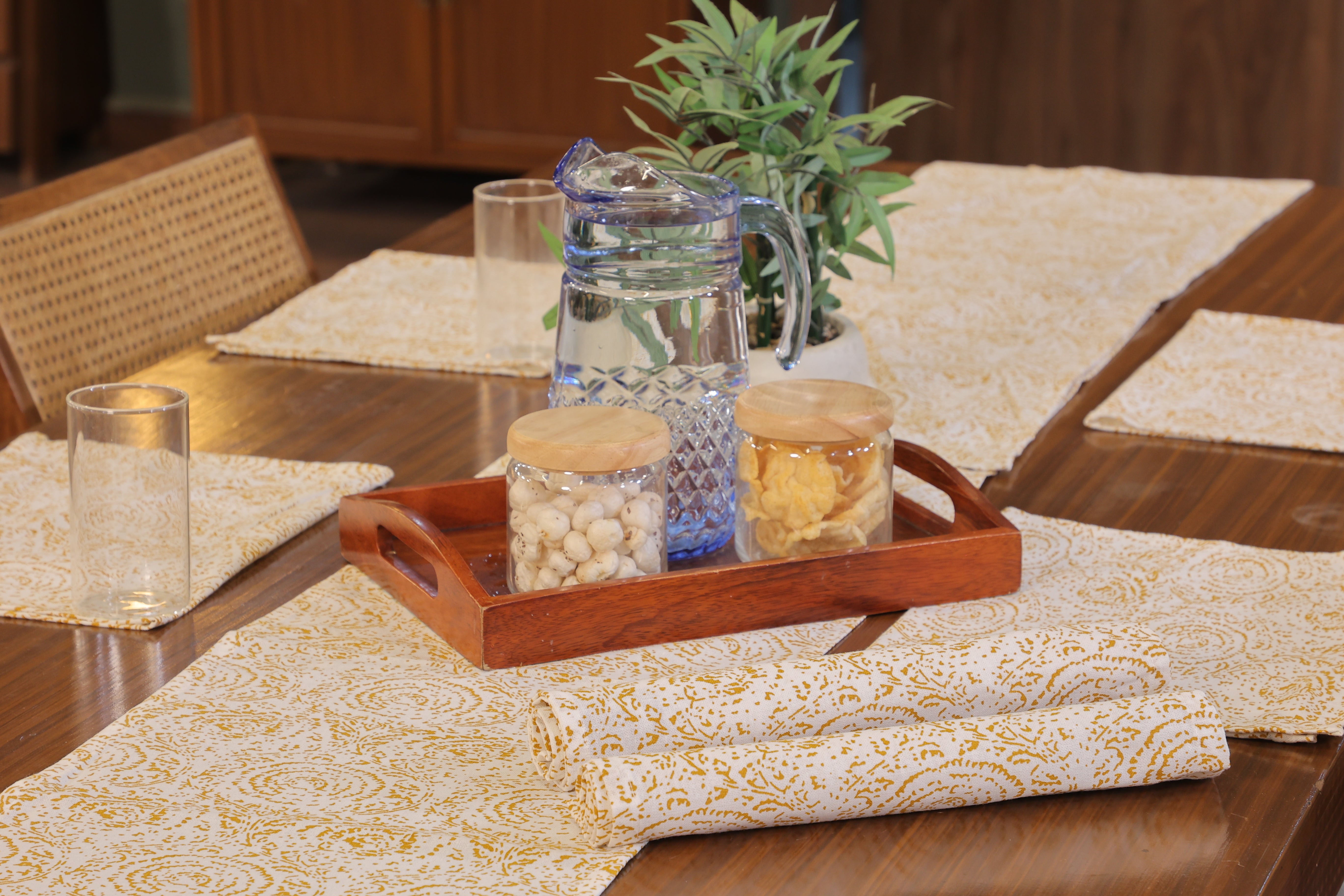 Lunar Days 100% Cotton Rectangular Dining Table mat with Runner (Runner size: 13*72 Inch & Mats Size: 13*20 Inch) YELLOW