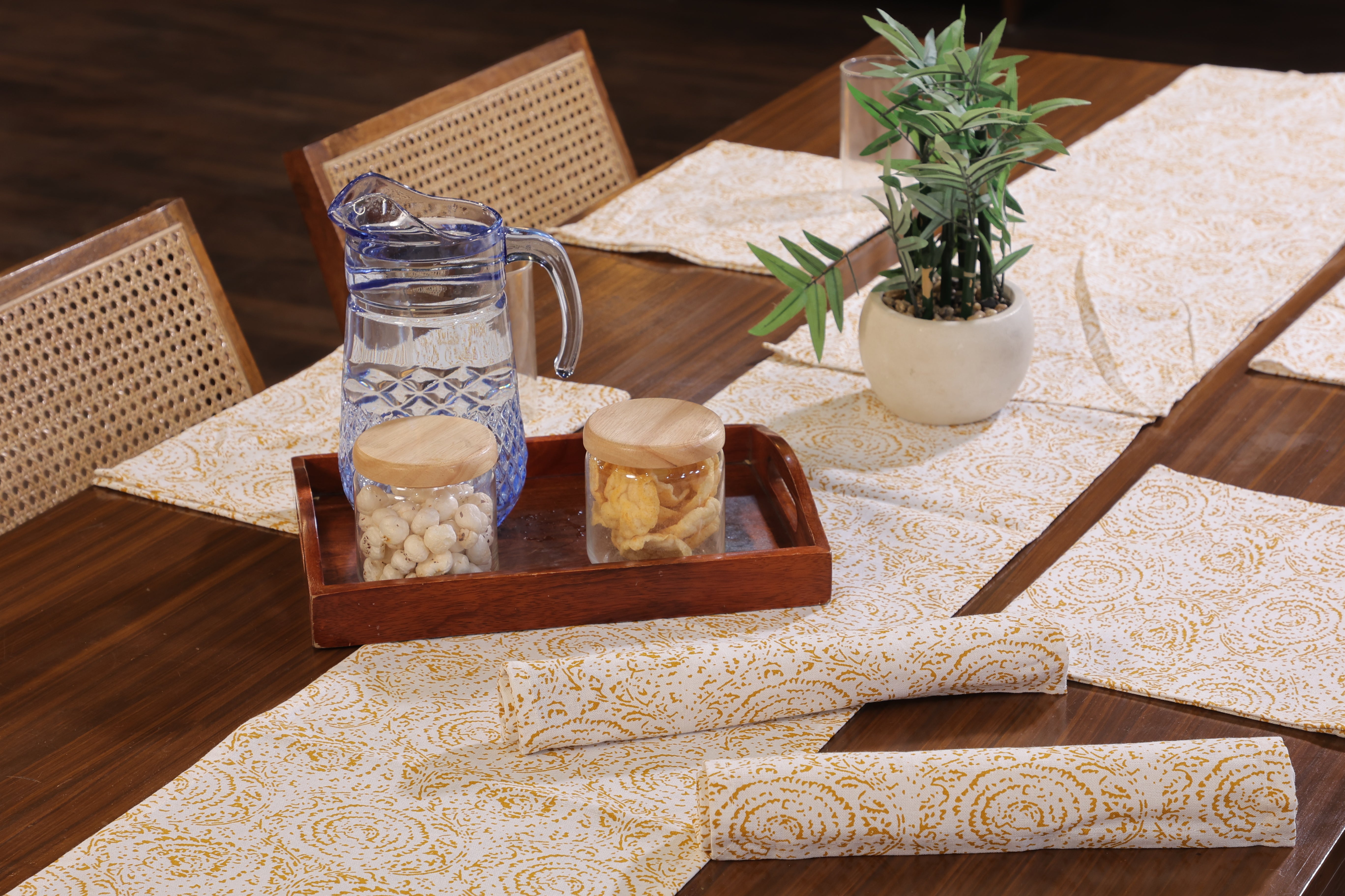 Lunar Days 100% Cotton Rectangular Dining Table mat with Runner (Runner size: 13*72 Inch & Mats Size: 13*20 Inch) YELLOW