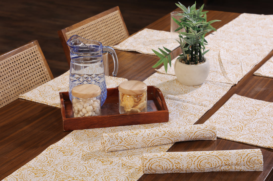 Lunar Days 100% Cotton Rectangular Dining Table mat with Runner (Runner size: 13*72 Inch & Mats Size: 13*20 Inch) YELLOW