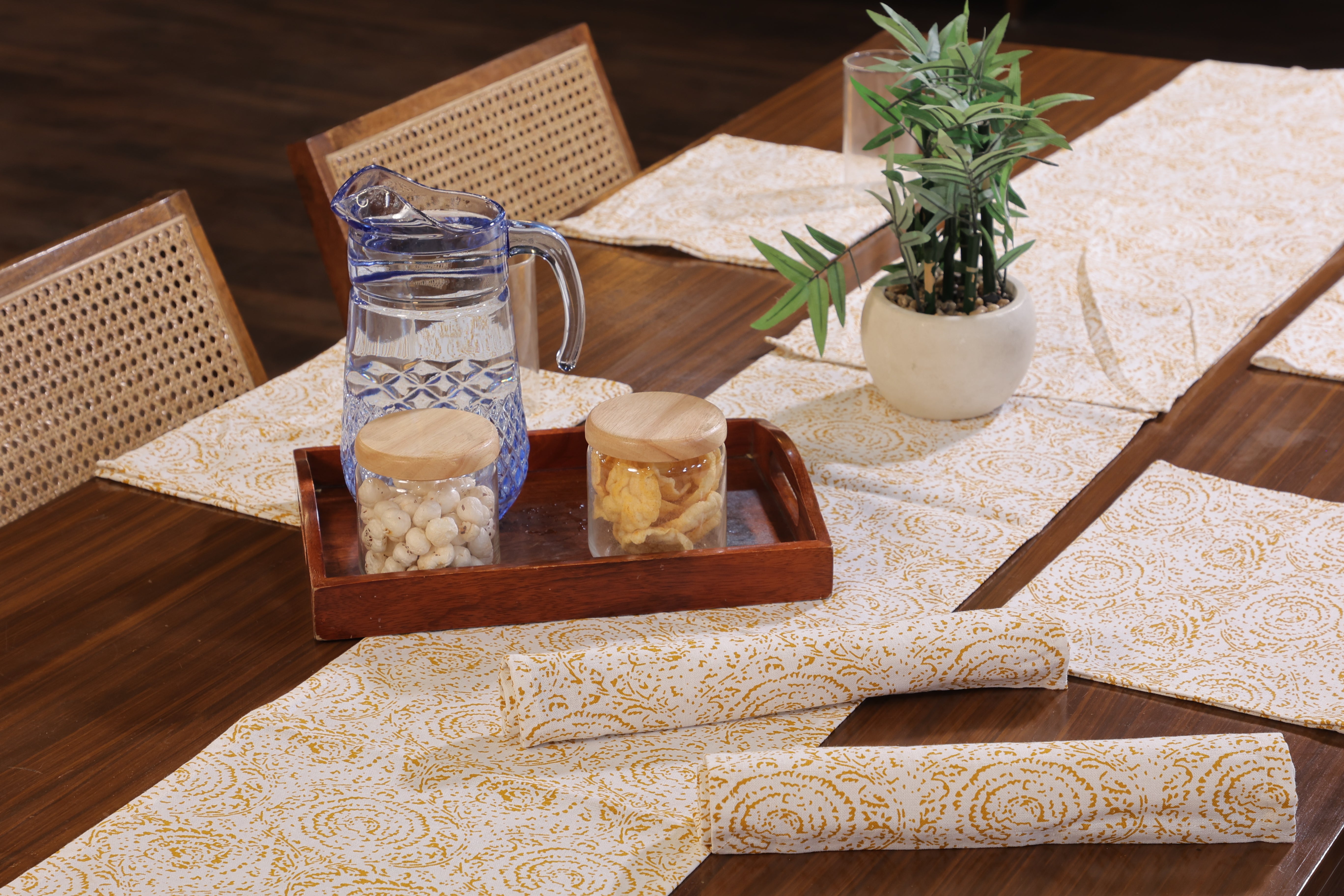 Lunar Days 100% Cotton Rectangular Dining Table mat with Runner (Runner size: 13*72 Inch & Mats Size: 13*20 Inch) YELLOW
