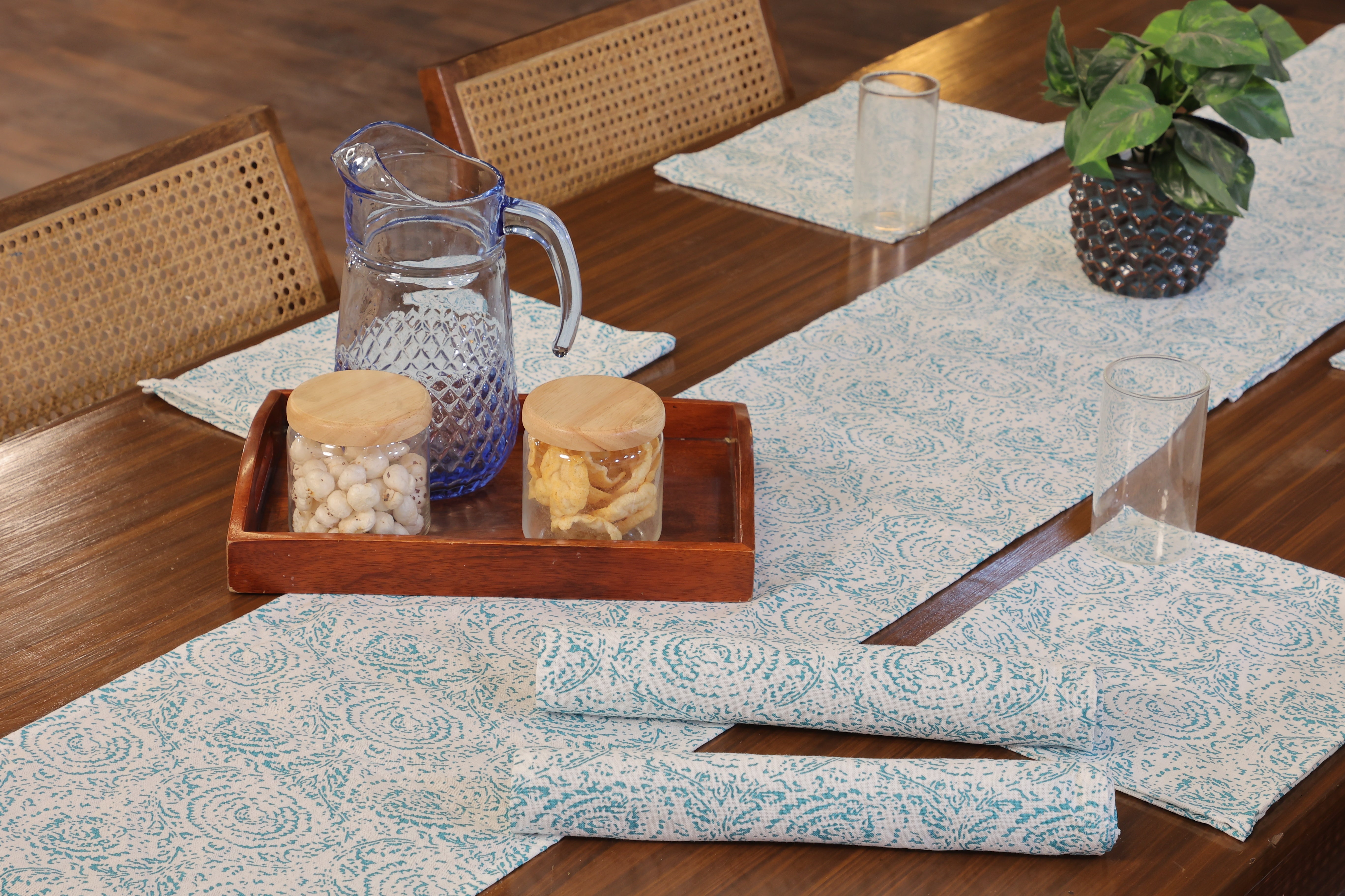 Lunar Days 100% Cotton Rectangular Dining Table mat with Runner (Runner size: 13*72 Inch & Mats Size: 13*20 Inch) BLUE