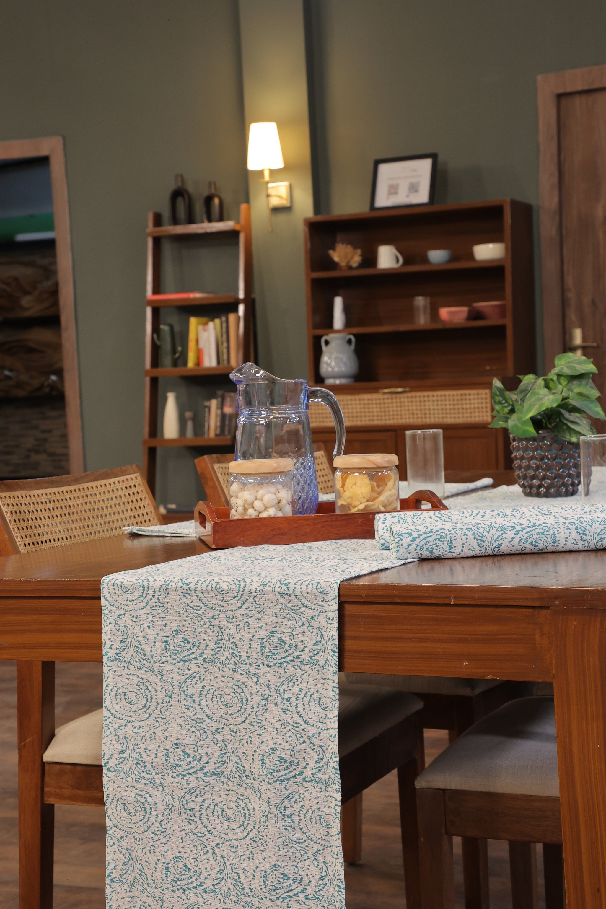 Lunar Days 100% Cotton Rectangular Dining Table mat with Runner (Runner size: 13*72 Inch & Mats Size: 13*20 Inch) BLUE