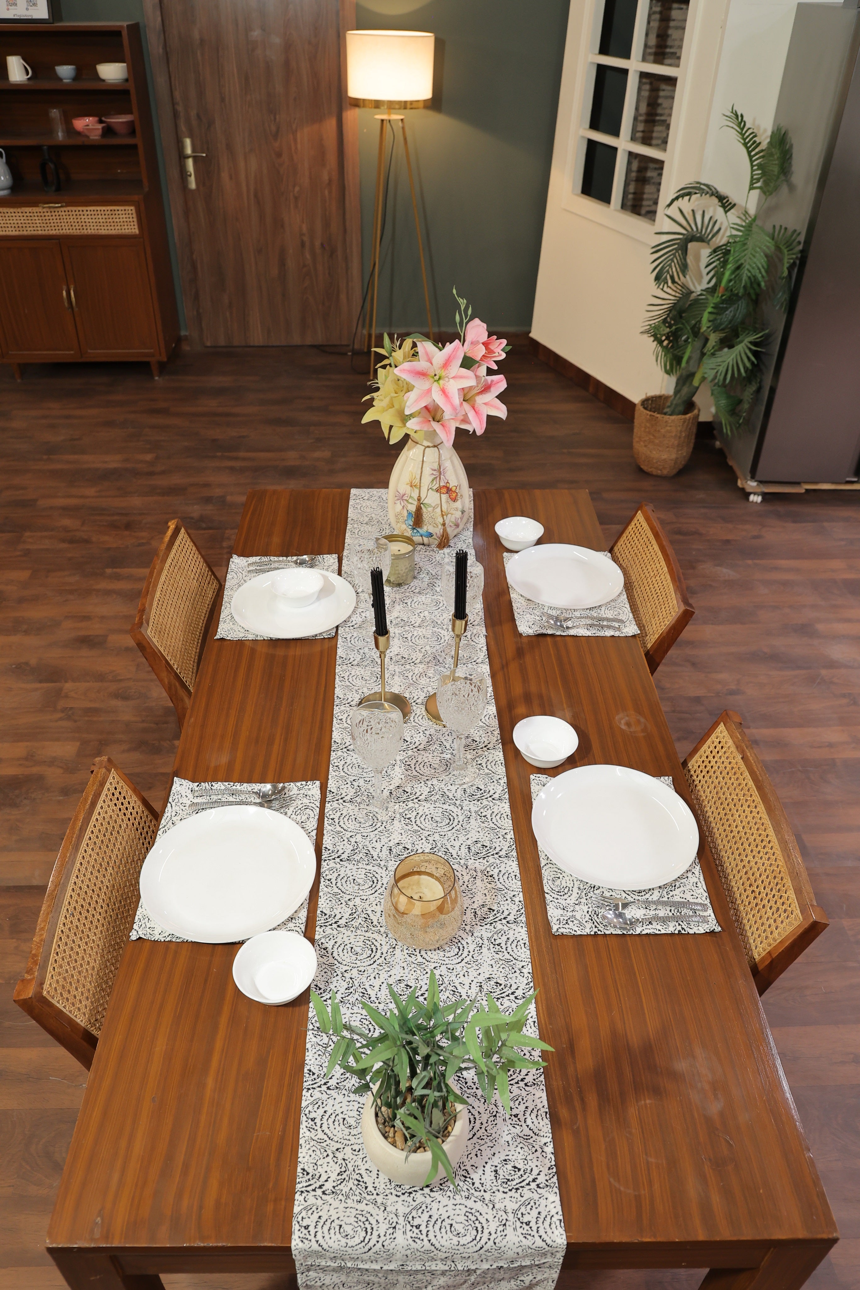 Lunar Days 100% Cotton Rectangular Dining Table mat with Runner (Runner size: 13*72 Inch & Mats Size: 13*20 Inch) BLACK