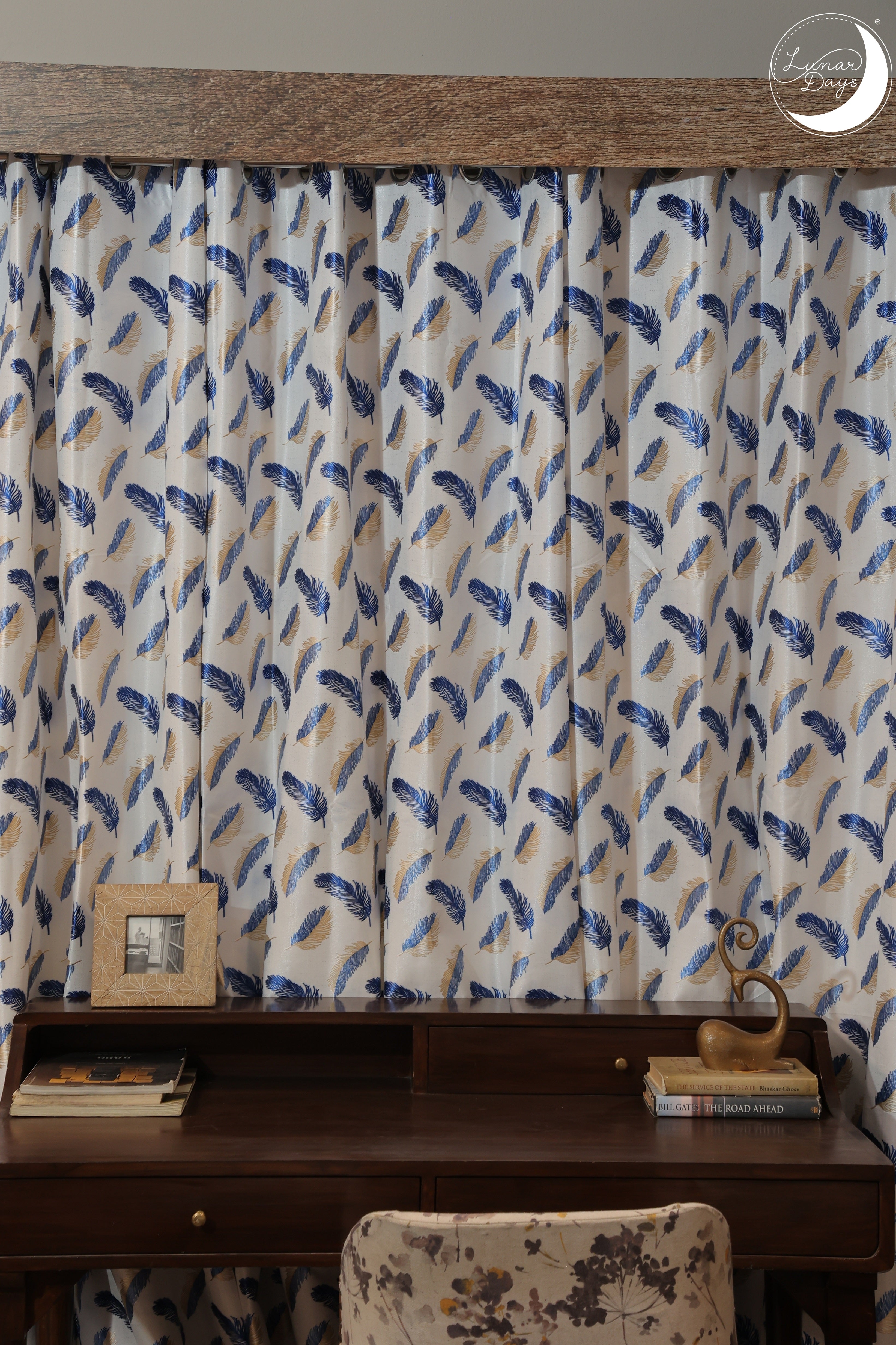 Lunar Days Polyester Room Darkening Window/Door Curtain for Living Room, Bedroom, Office (Feather in Blue)  - Set of 3