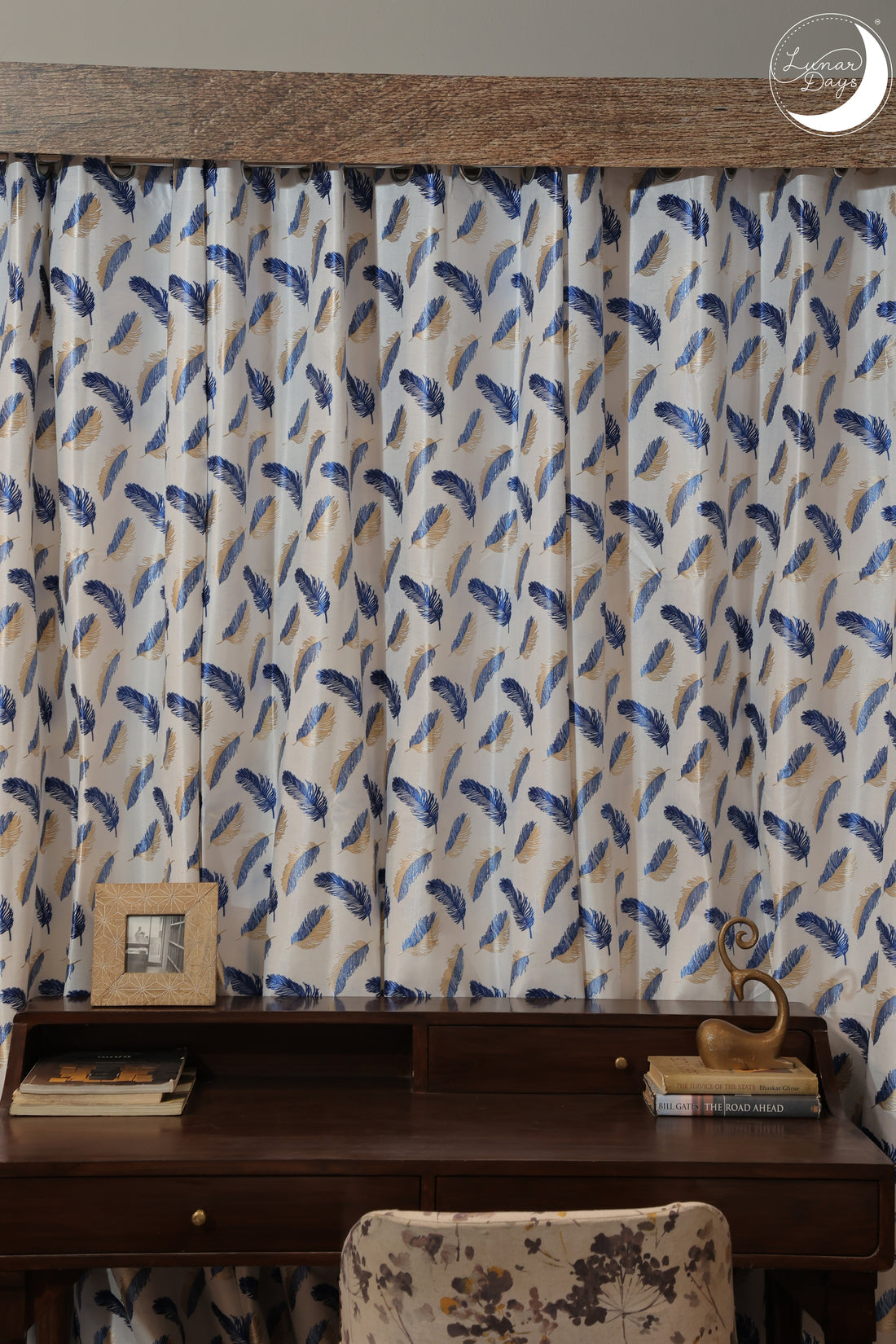 Lunar Days Polyester Room Darkening Window/Door Curtain for Living Room, Bedroom, Office (Feather in Blue)  - Set of 3