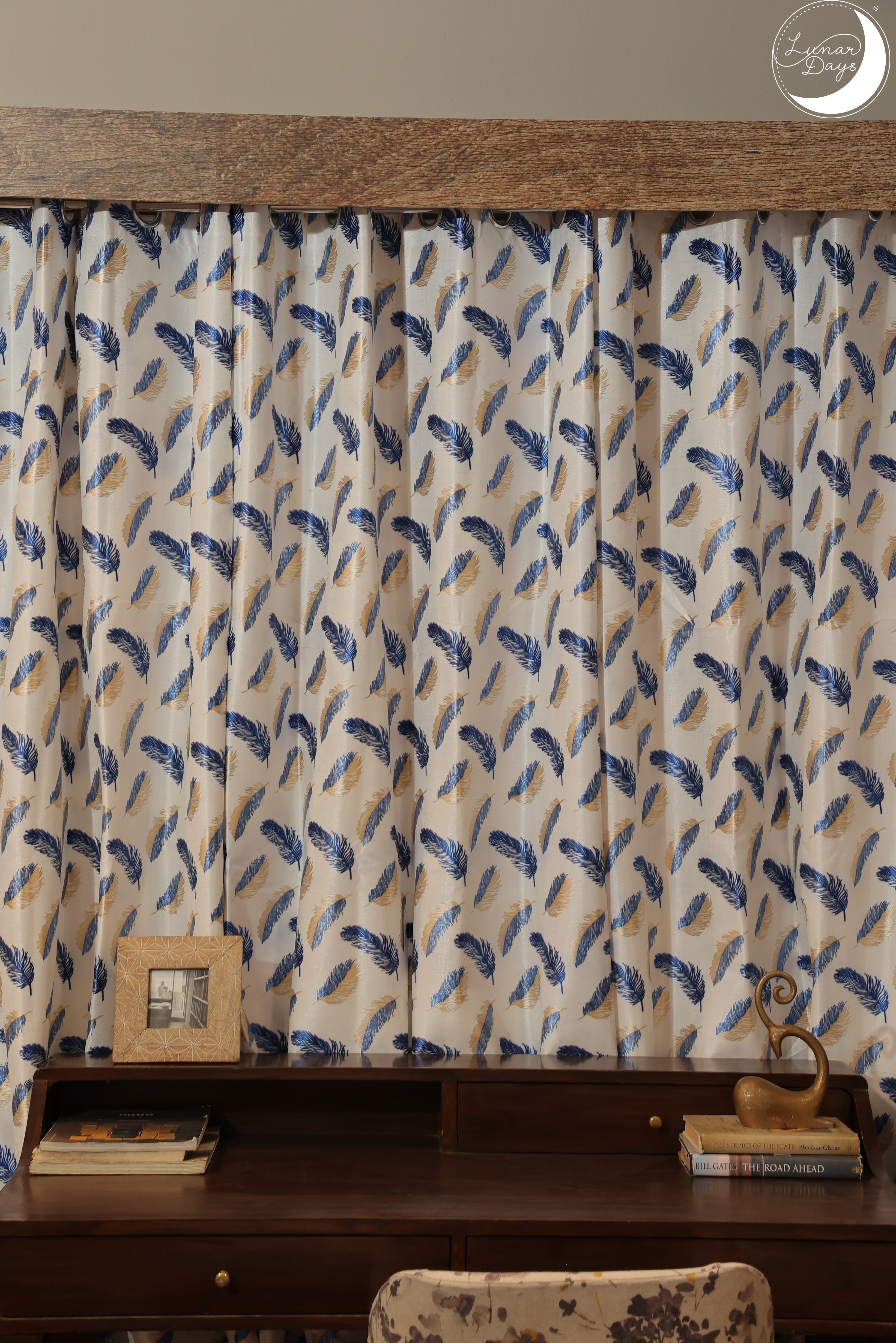 Lunar Days Polyester Room Darkening Window/Door Curtain for Living Room, Bedroom, Office (Feather in Blue)  - Set of 3