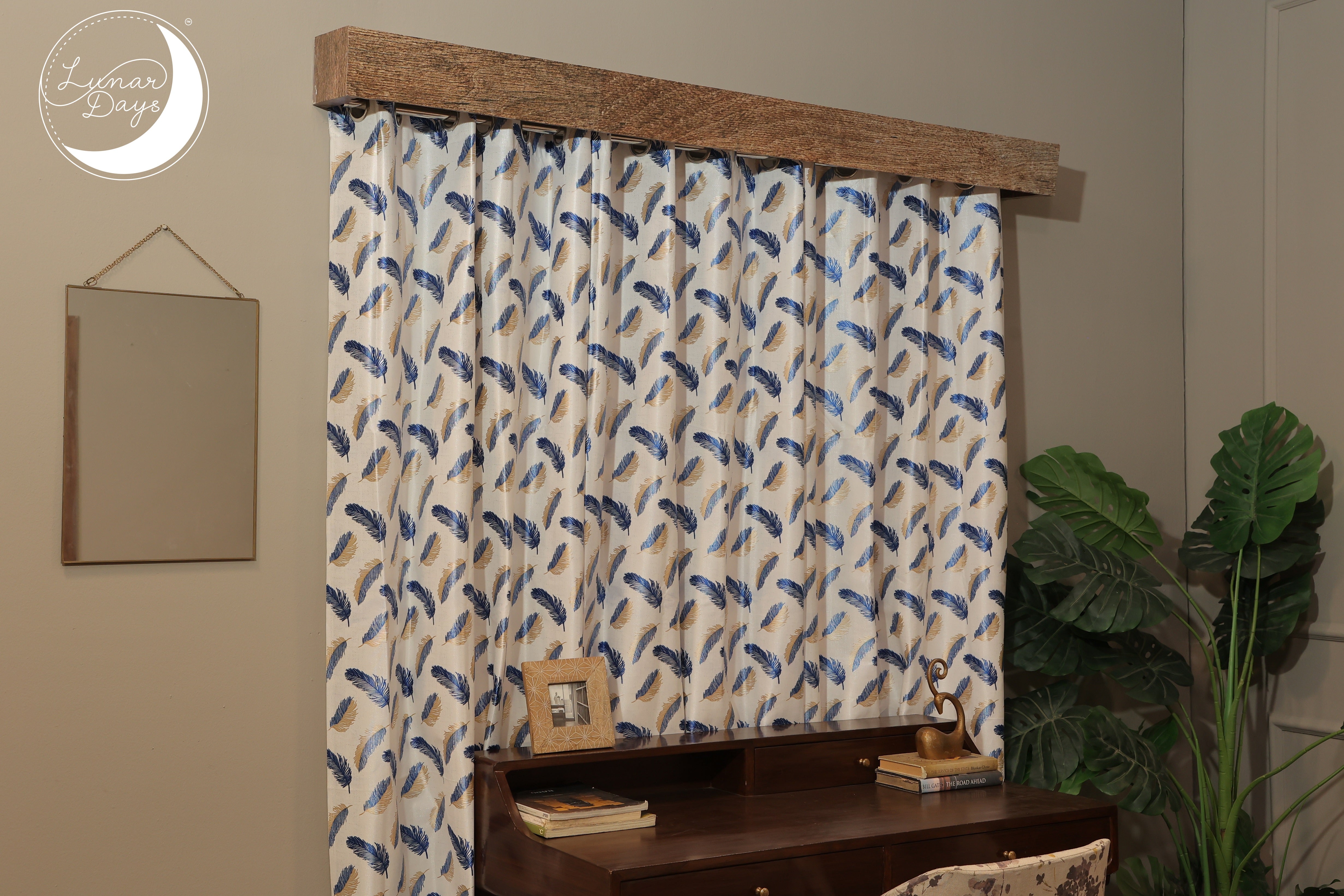 Lunar Days Polyester Room Darkening Window/Door Curtain for Living Room, Bedroom, Office (Feather in Blue)  - Set of 3