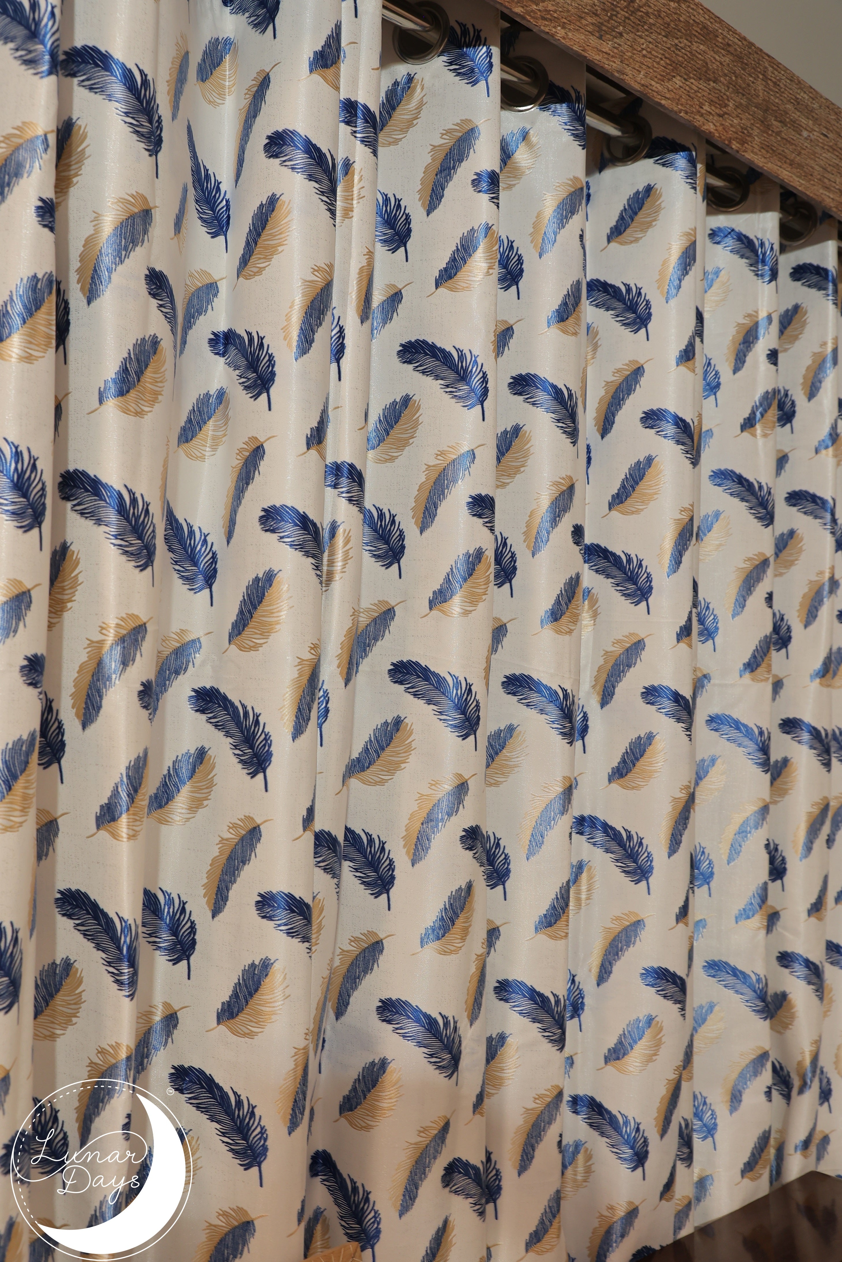 Lunar Days Polyester Room Darkening Window/Door Curtain for Living Room, Bedroom, Office (Feather in Blue)  - Set of 3